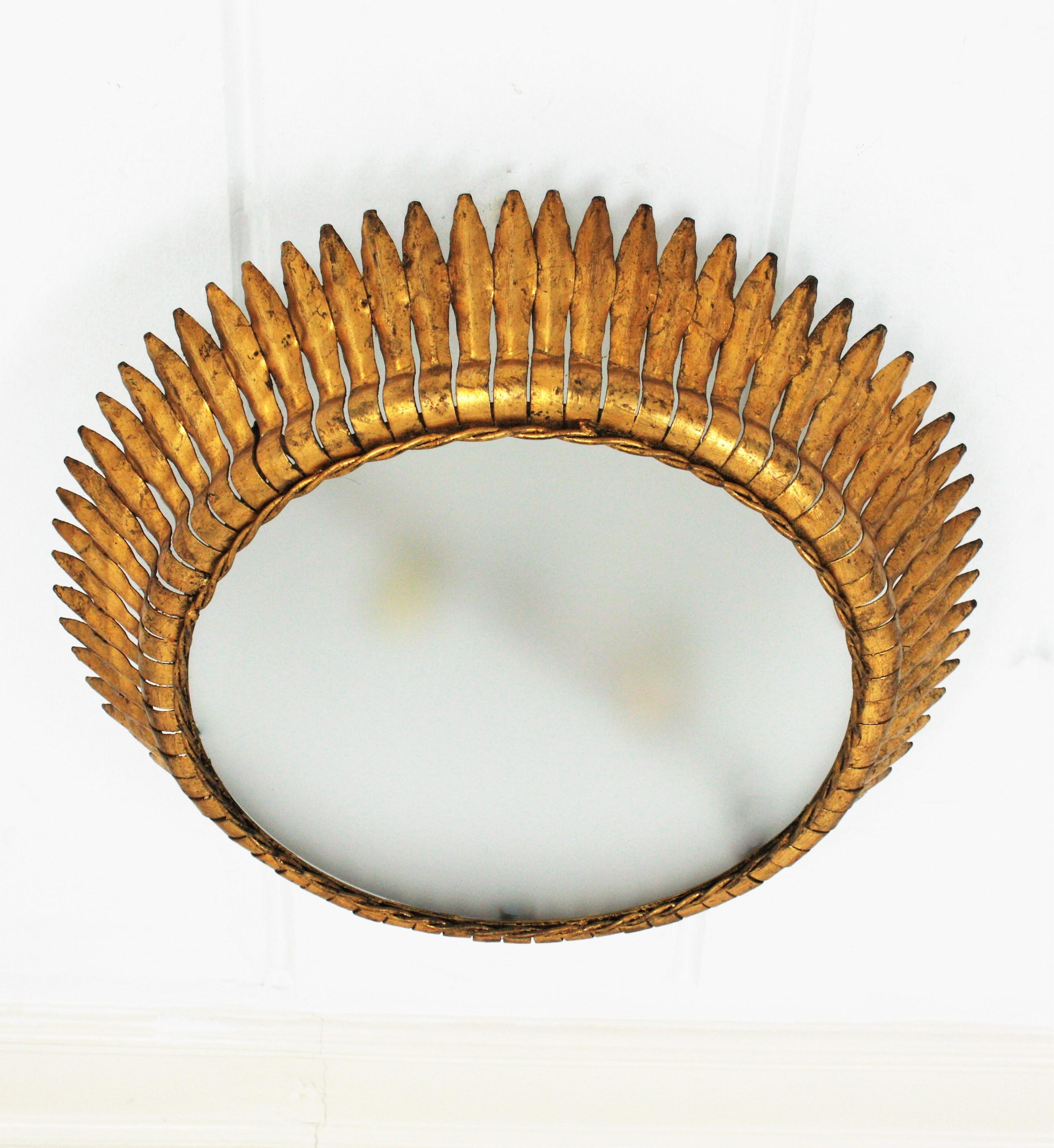 Large Spanish Gilt Metal Crown Sunburst Leafed Light Fixture with Frosted Glass 2