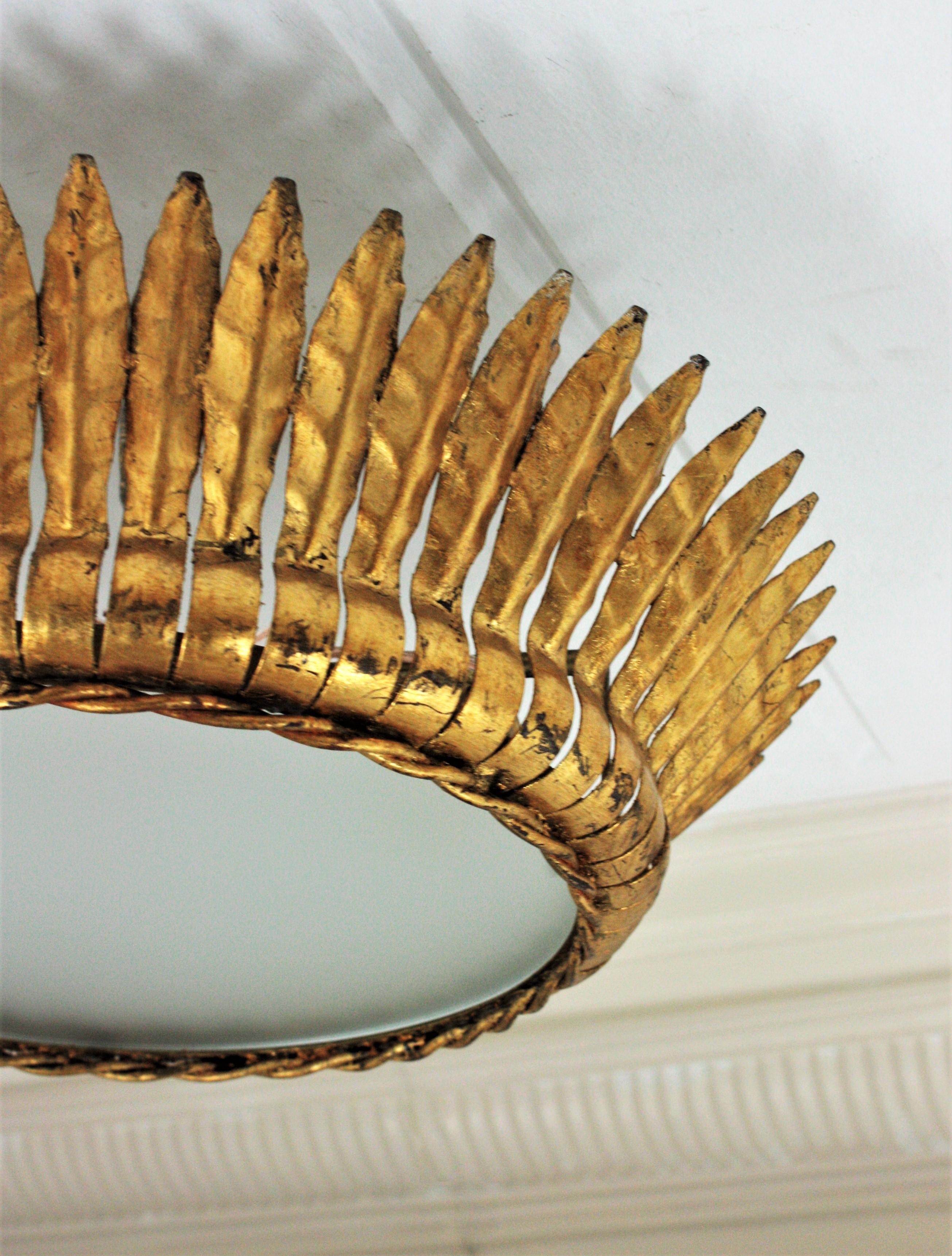 Large Spanish Gilt Metal Crown Sunburst Leafed Light Fixture with Frosted Glass 2