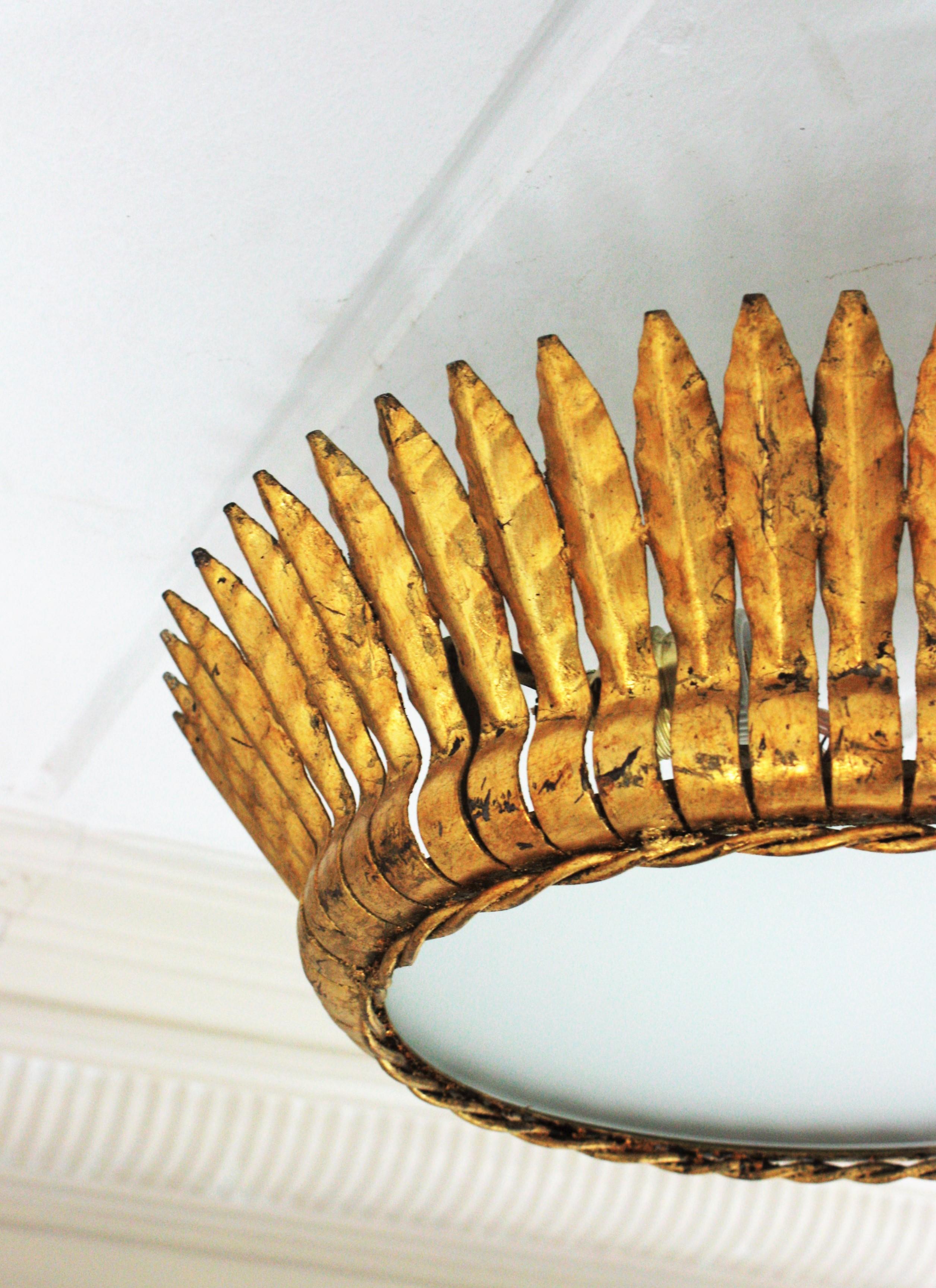 Large Spanish Gilt Metal Crown Sunburst Leafed Light Fixture with Frosted Glass 3