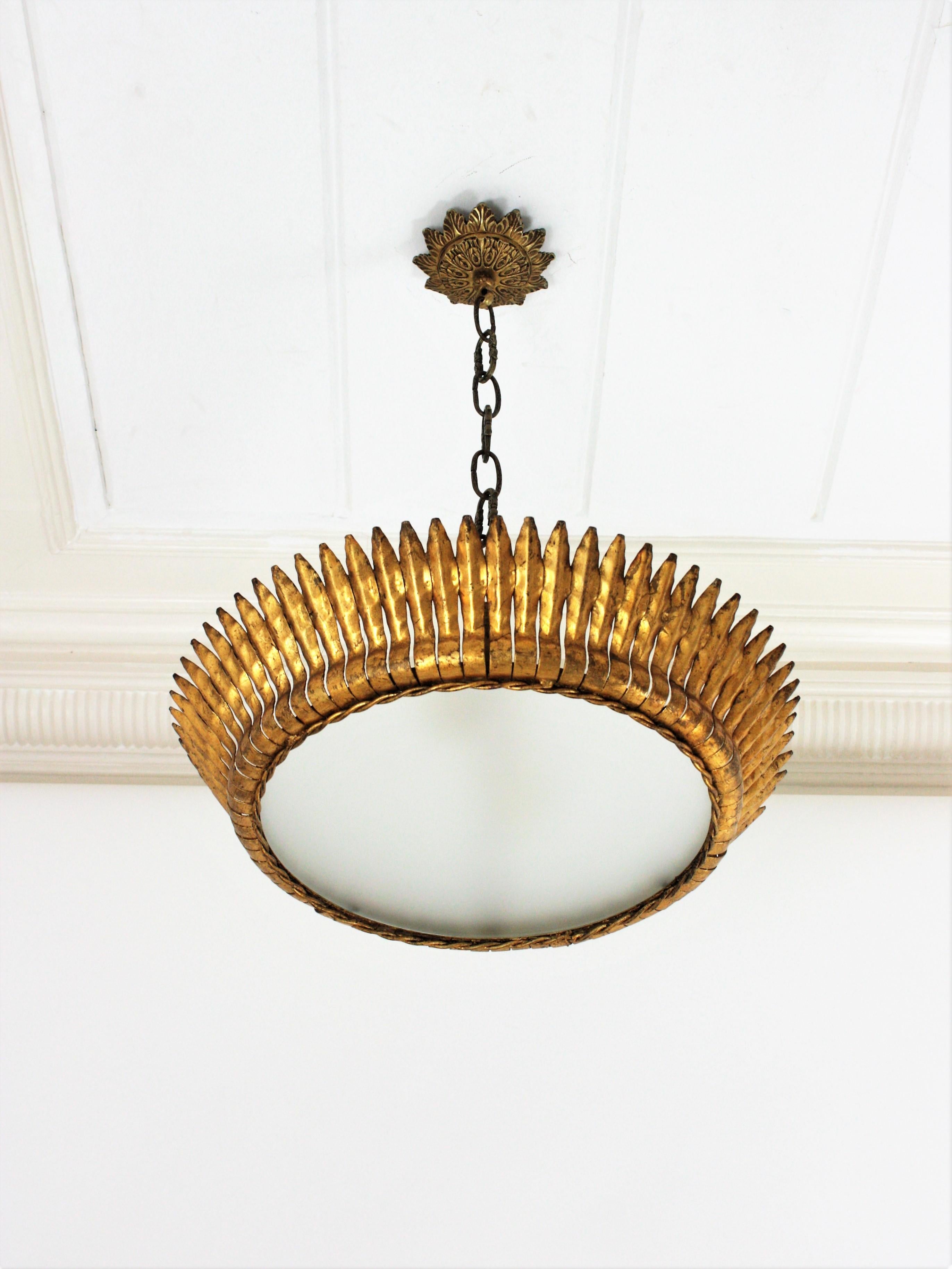 Large Spanish Gilt Metal Crown Sunburst Leafed Light Fixture with Frosted Glass 4