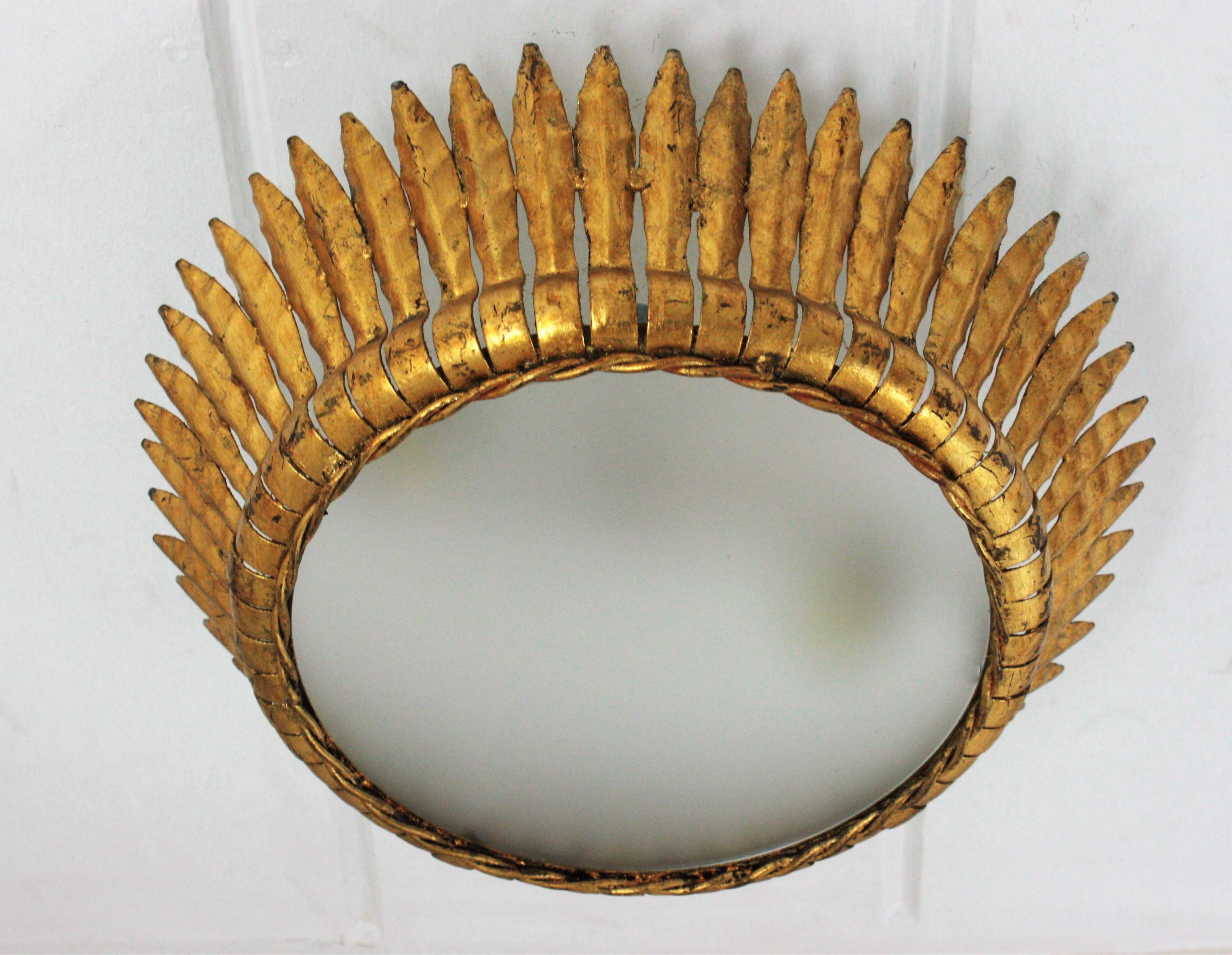 Large Spanish Gilt Metal Crown Sunburst Leafed Light Fixture with Frosted Glass 4