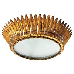 Large Spanish Gilt Metal Crown Sunburst Leafed Light Fixture with Frosted Glass