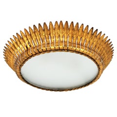 Large Spanish Gilt Metal Crown Sunburst Leafed Light Fixture with Frosted Glass