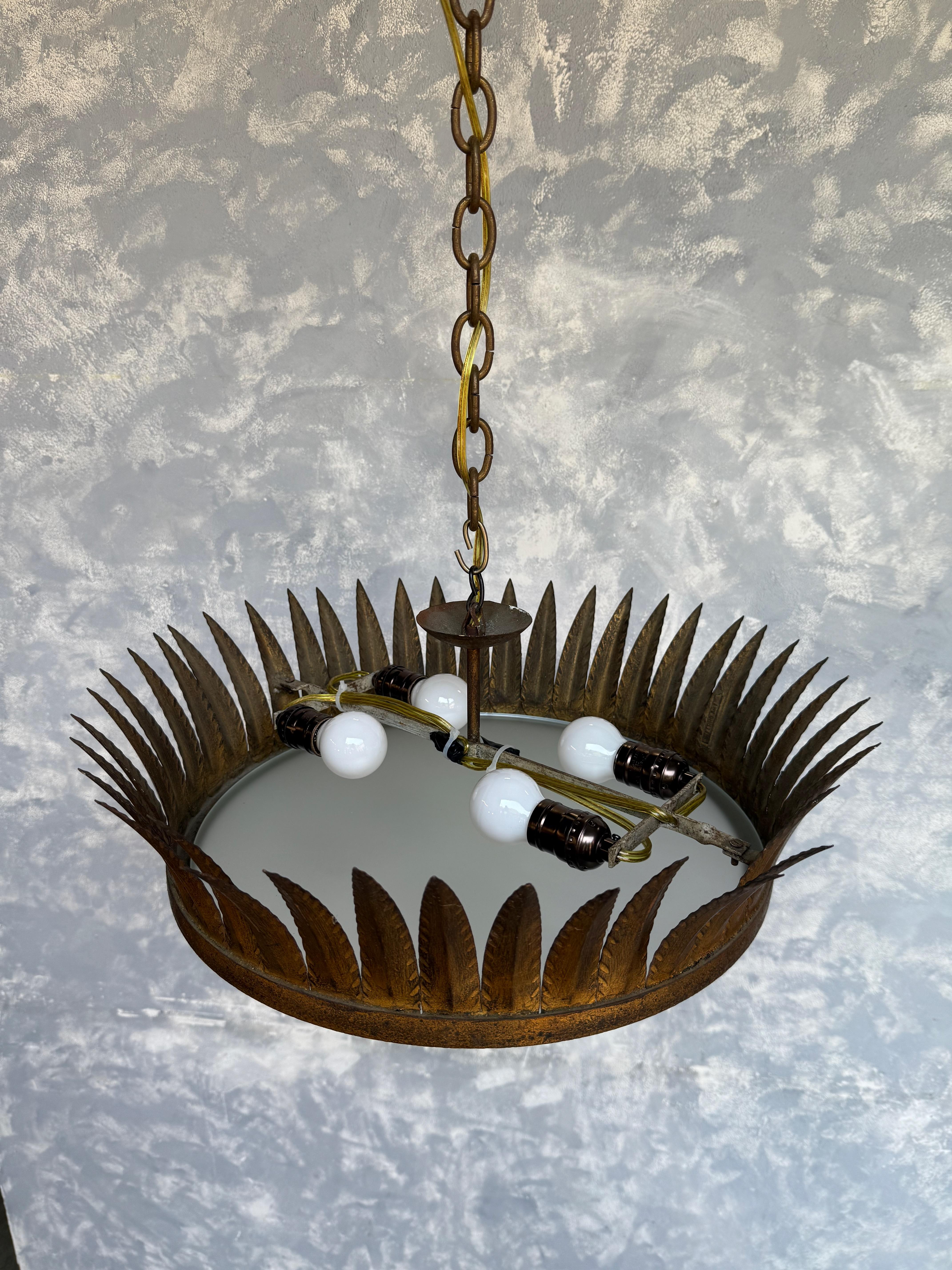Large Spanish Gilt-Metal Flush Mounted Crown Ceiling Fixture For Sale 5