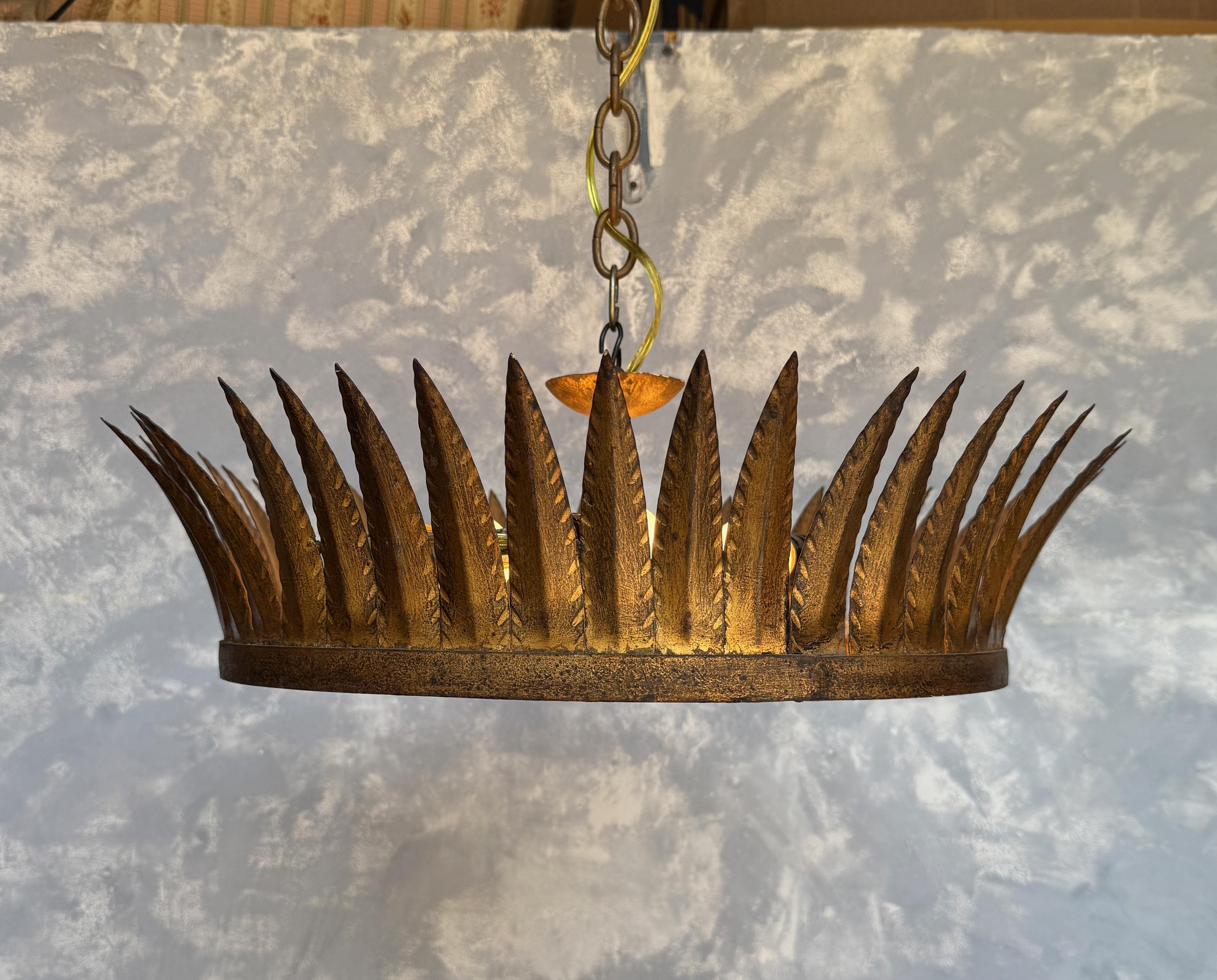 Mid-Century Modern Large Spanish Gilt-Metal Flush Mounted Crown Ceiling Fixture For Sale