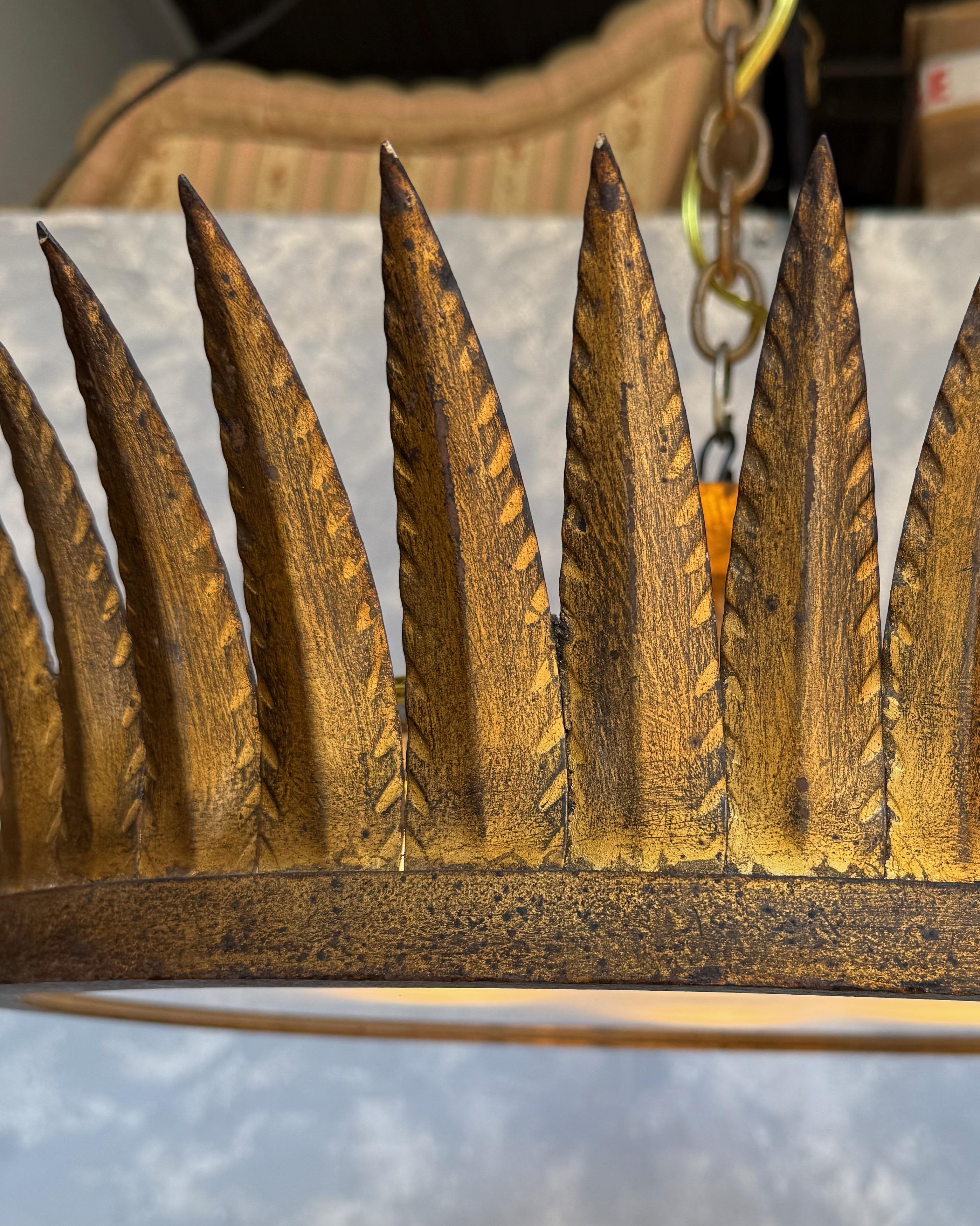 Large Spanish Gilt-Metal Flush Mounted Crown Ceiling Fixture In Good Condition For Sale In Buchanan, NY