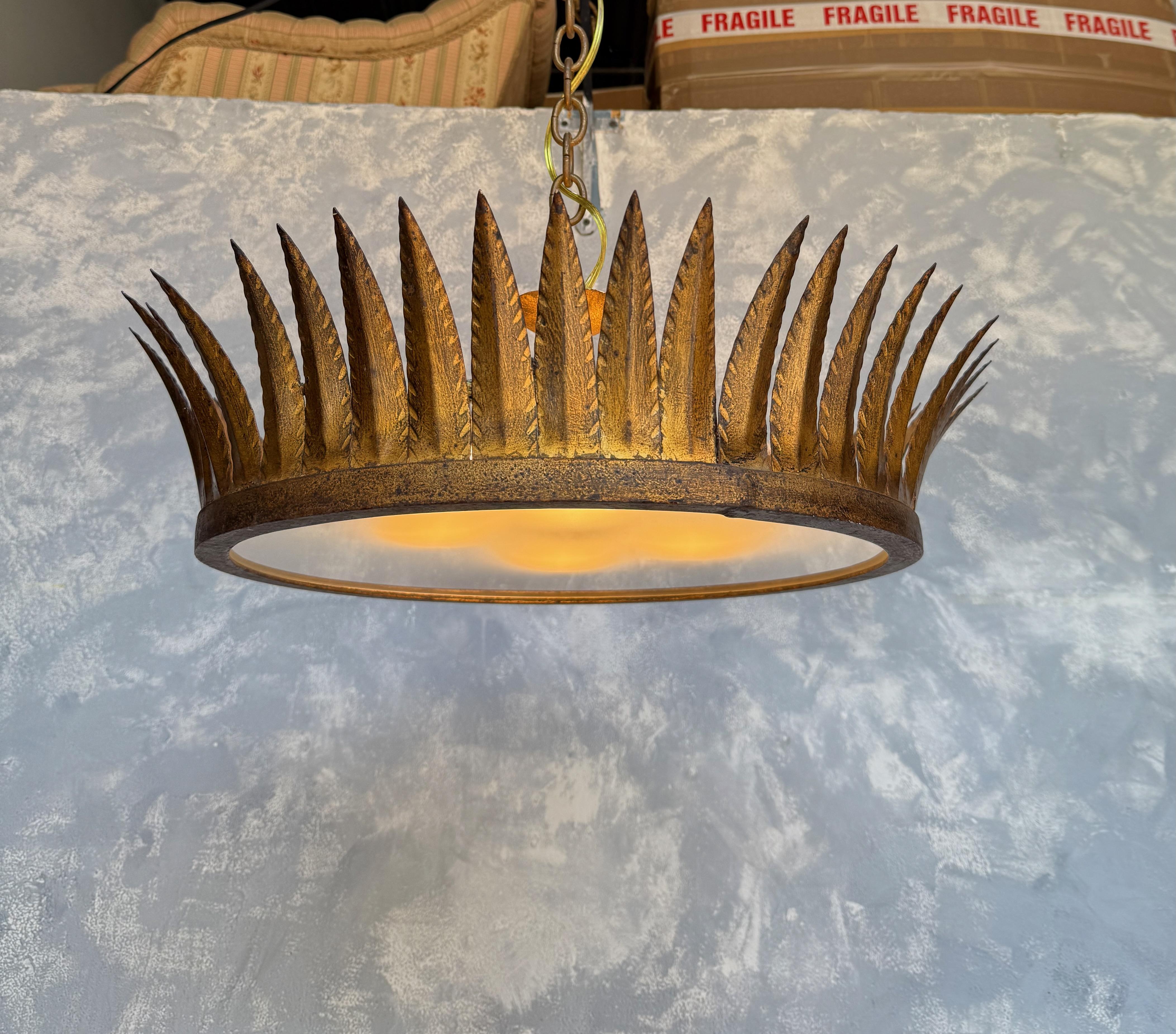 Mid-20th Century Large Spanish Gilt-Metal Flush Mounted Crown Ceiling Fixture For Sale