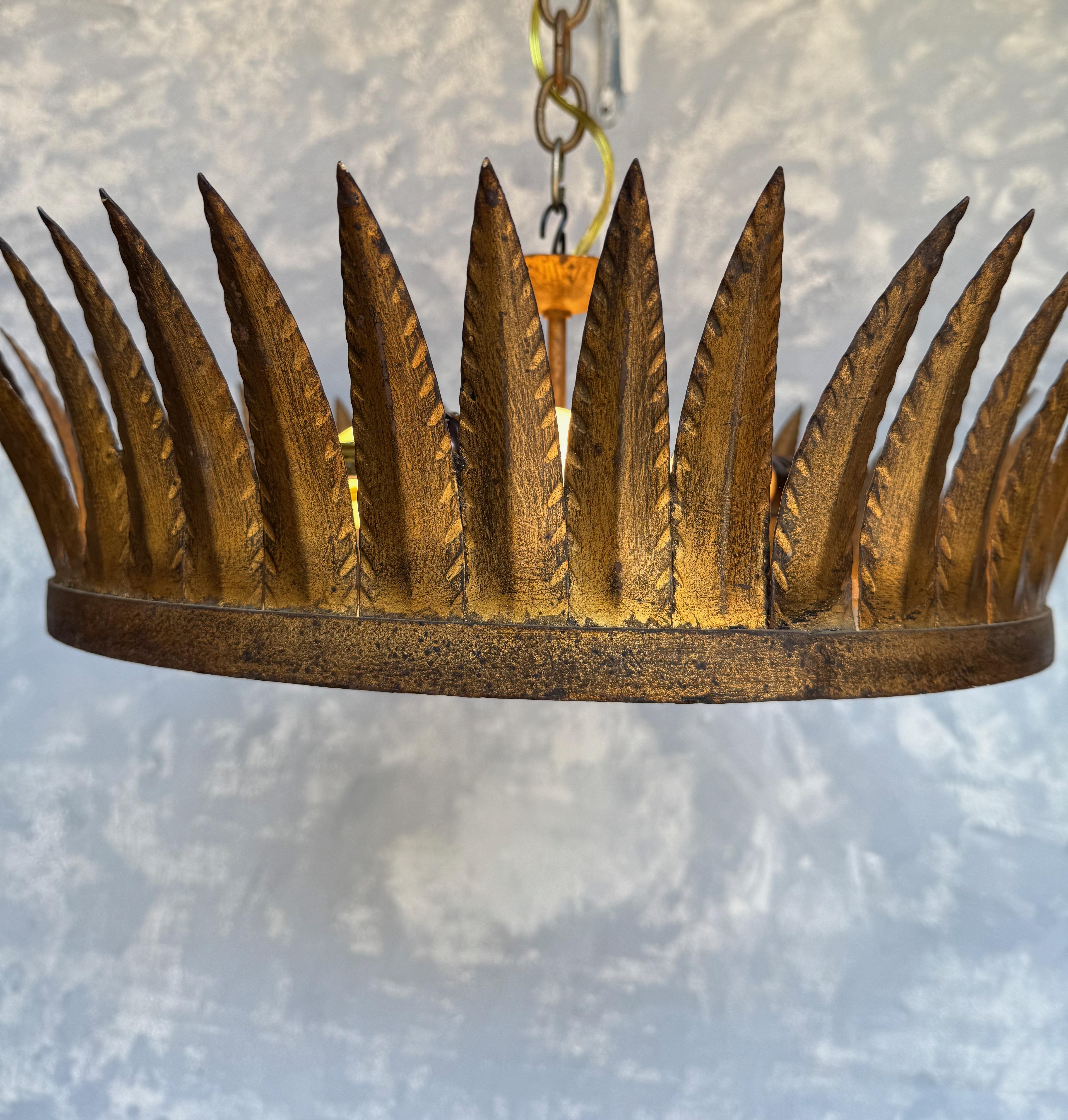 Large Spanish Gilt-Metal Flush Mounted Crown Ceiling Fixture For Sale 1