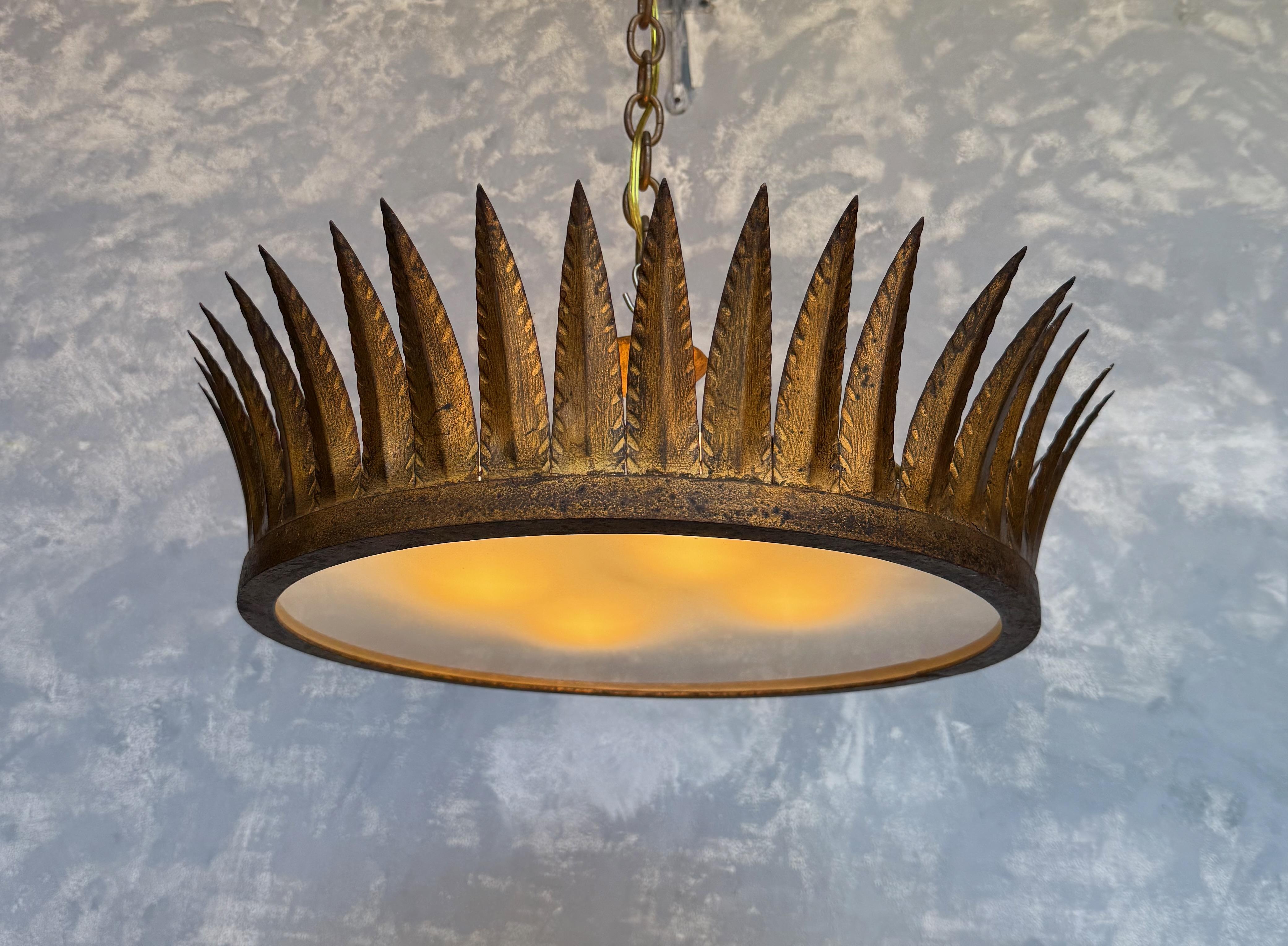 Large Spanish Gilt-Metal Flush Mounted Crown Ceiling Fixture For Sale 2