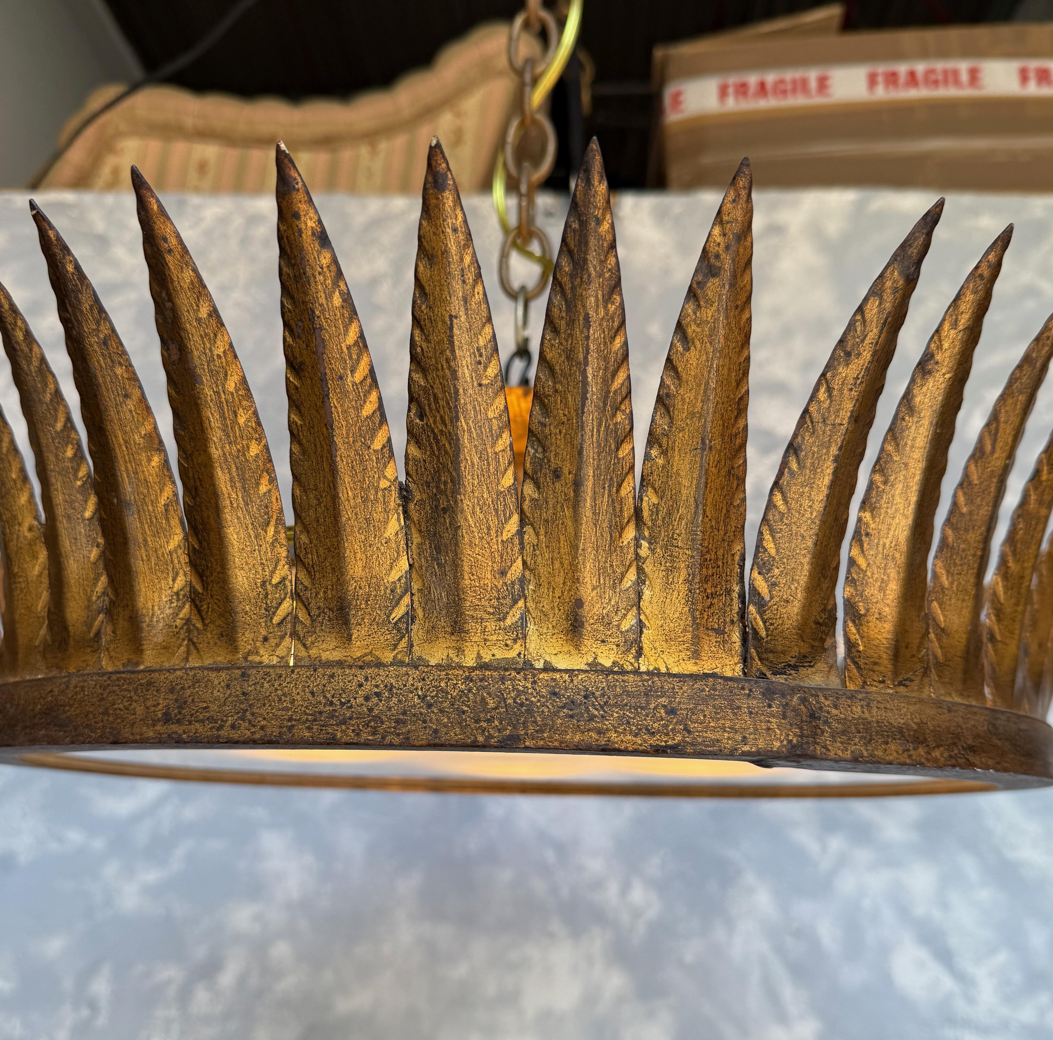 Large Spanish Gilt-Metal Flush Mounted Crown Ceiling Fixture For Sale 3