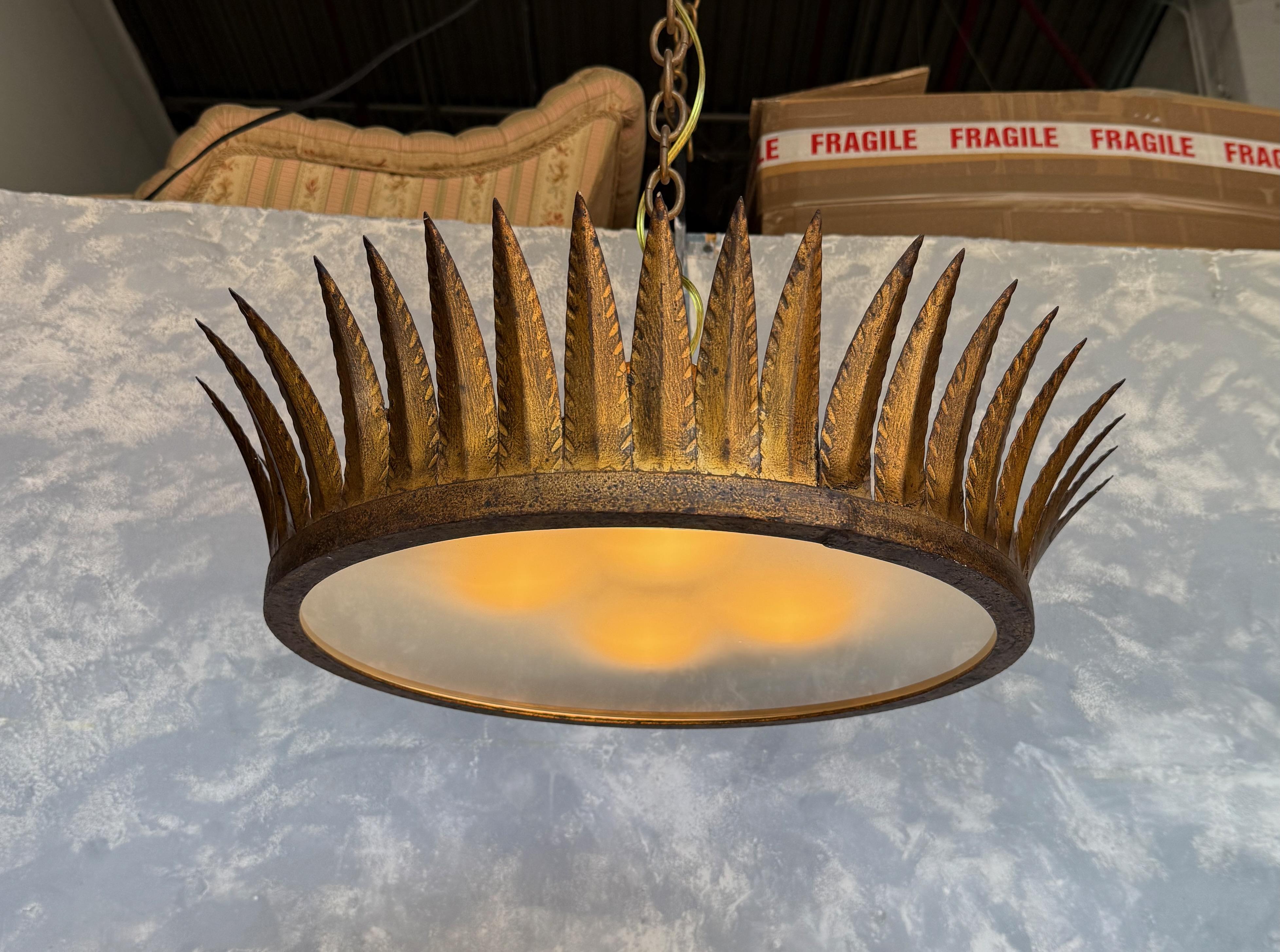 Large Spanish Gilt-Metal Flush Mounted Crown Ceiling Fixture For Sale 4