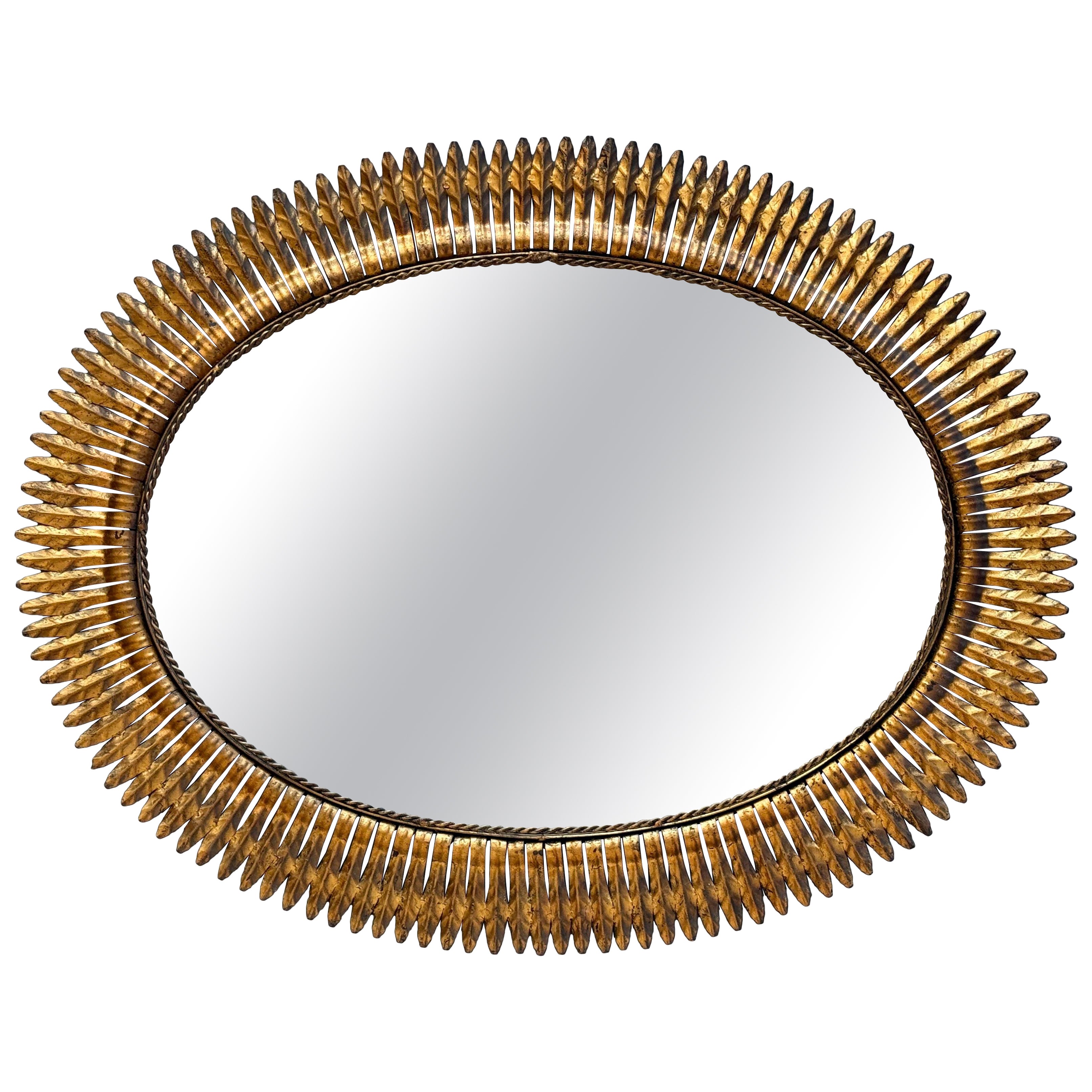 Large Spanish Gilt Metal Oval Sunburst Mirror 46´