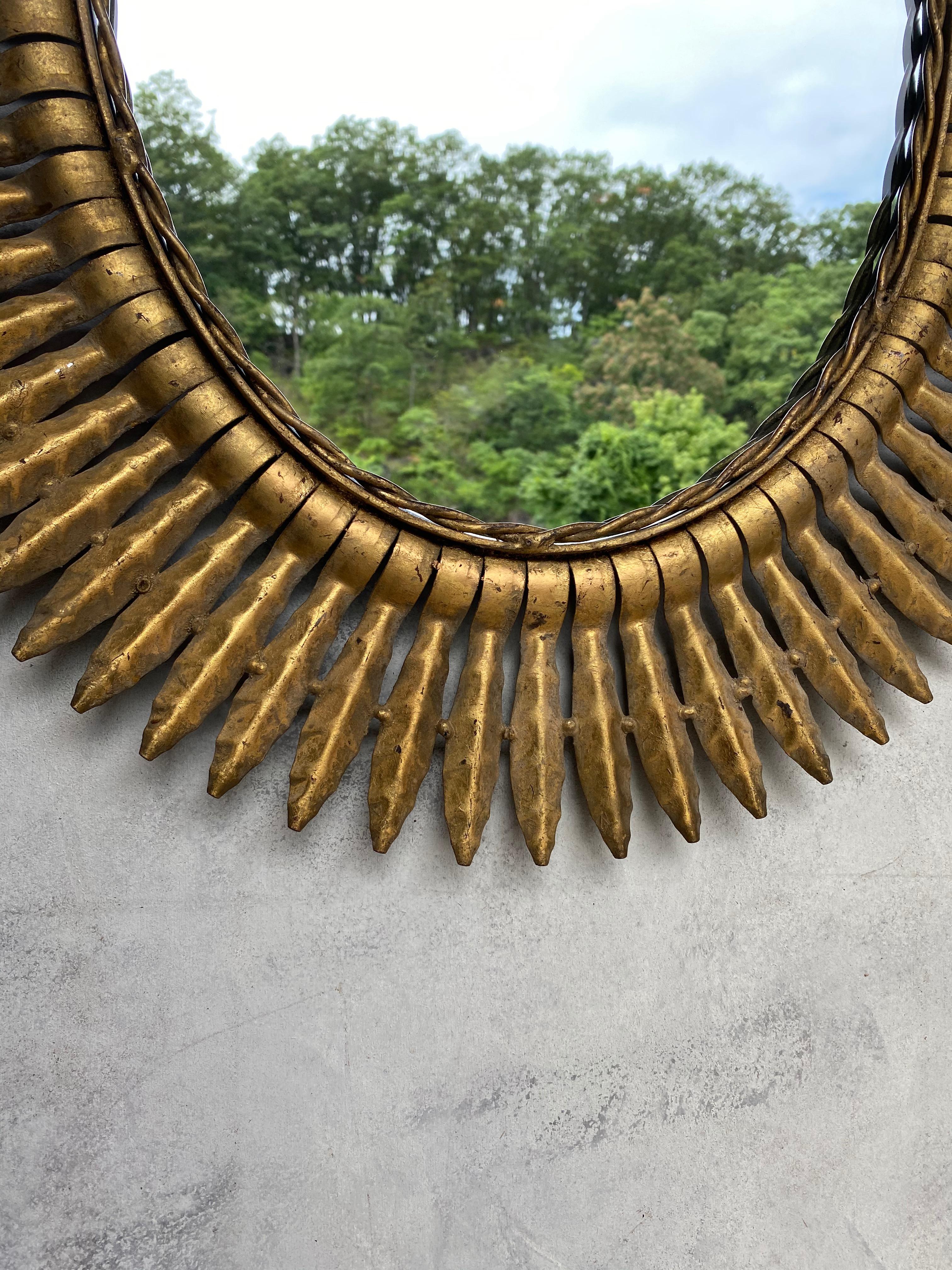 Large Spanish Gilt Metal Sunburst Mirror with Radiating Frame In Good Condition In Buchanan, NY