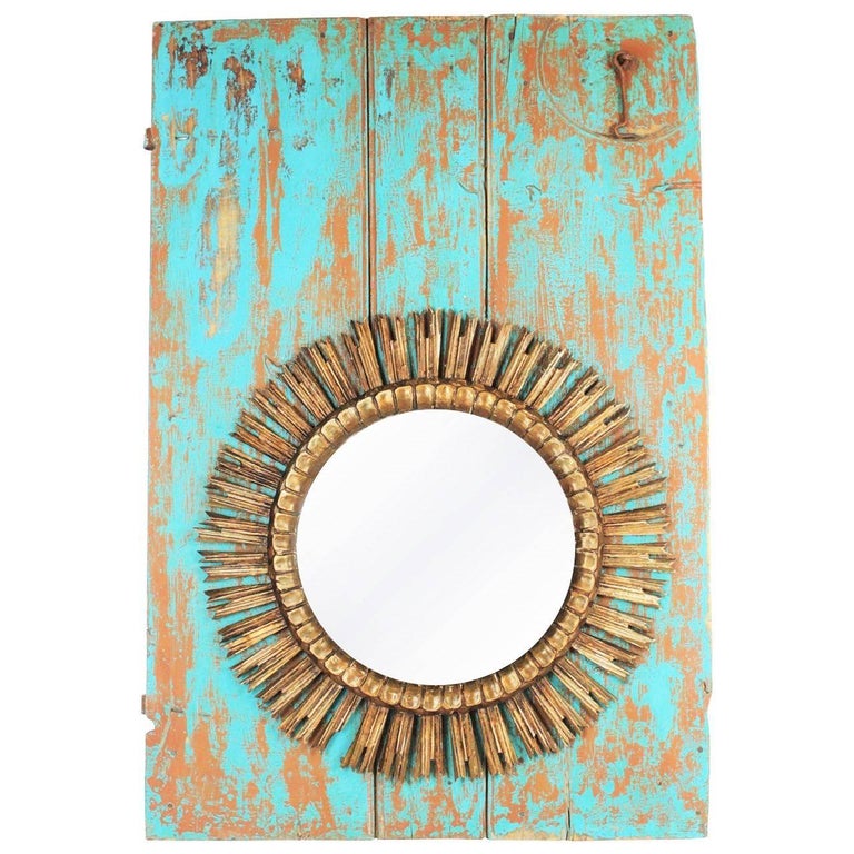 Large Spanish Giltwood And Turquoise Baroque Sunburst Mirror Wall