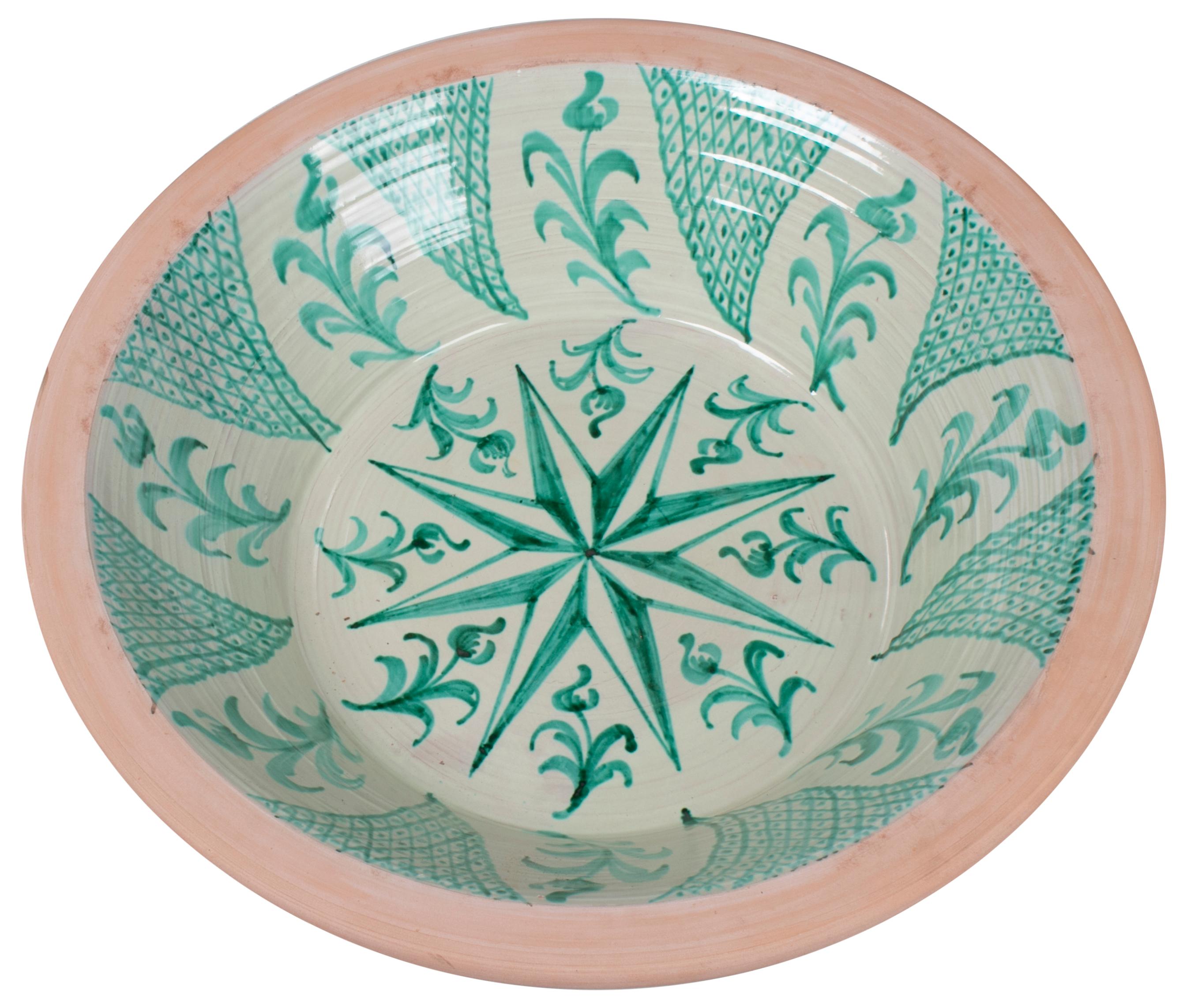 Large Spanish handmade and painted white and green glazed terracotta 