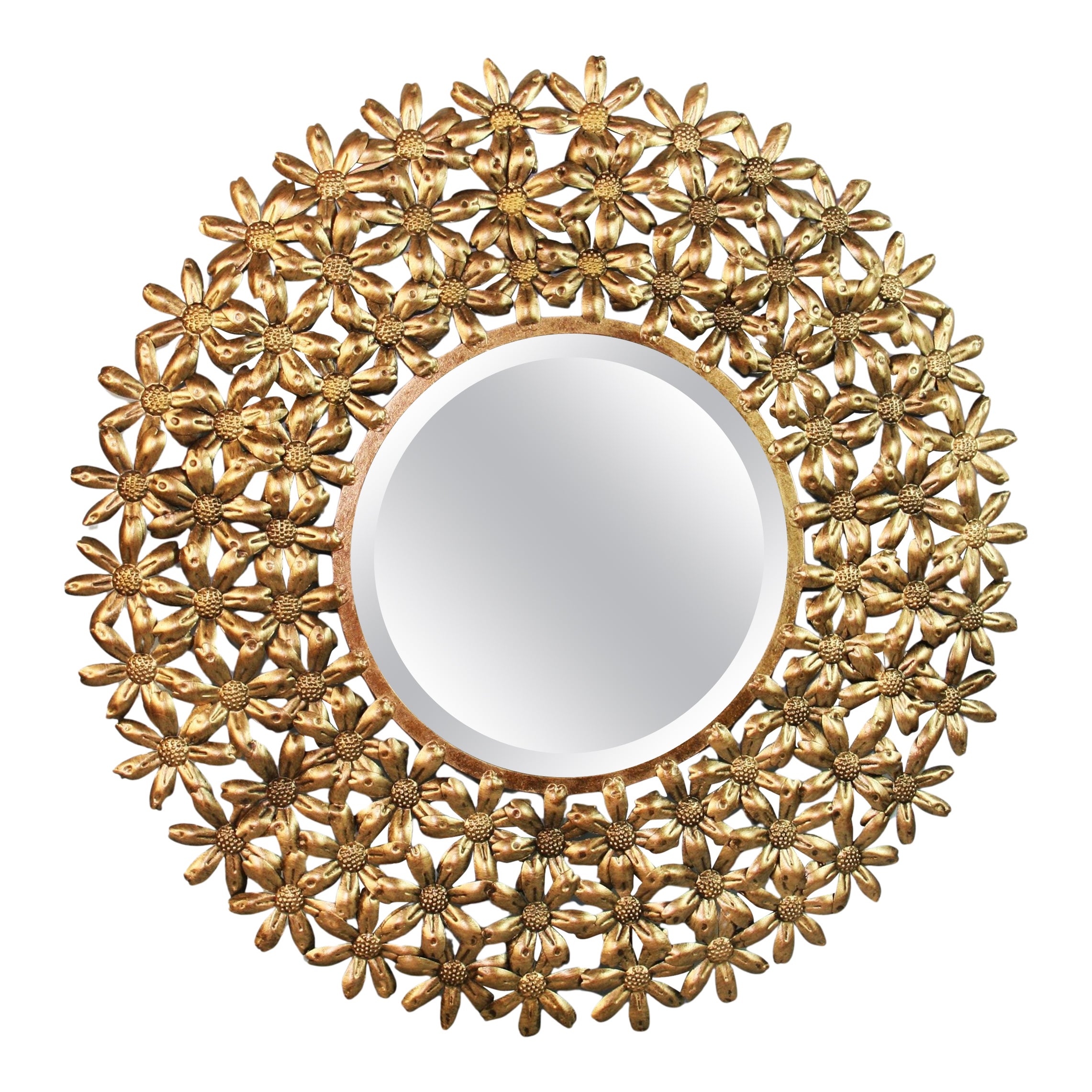 Gran escultura de pared/espejo de cristal biselado con flor de metal dorado español de mediados de siglo
