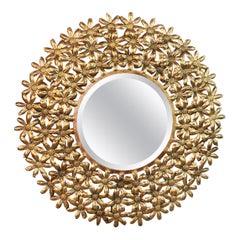 Large Spanish Mid Century Gilt Metal Flower Beveled Glass Mirror/Wall Sculpture