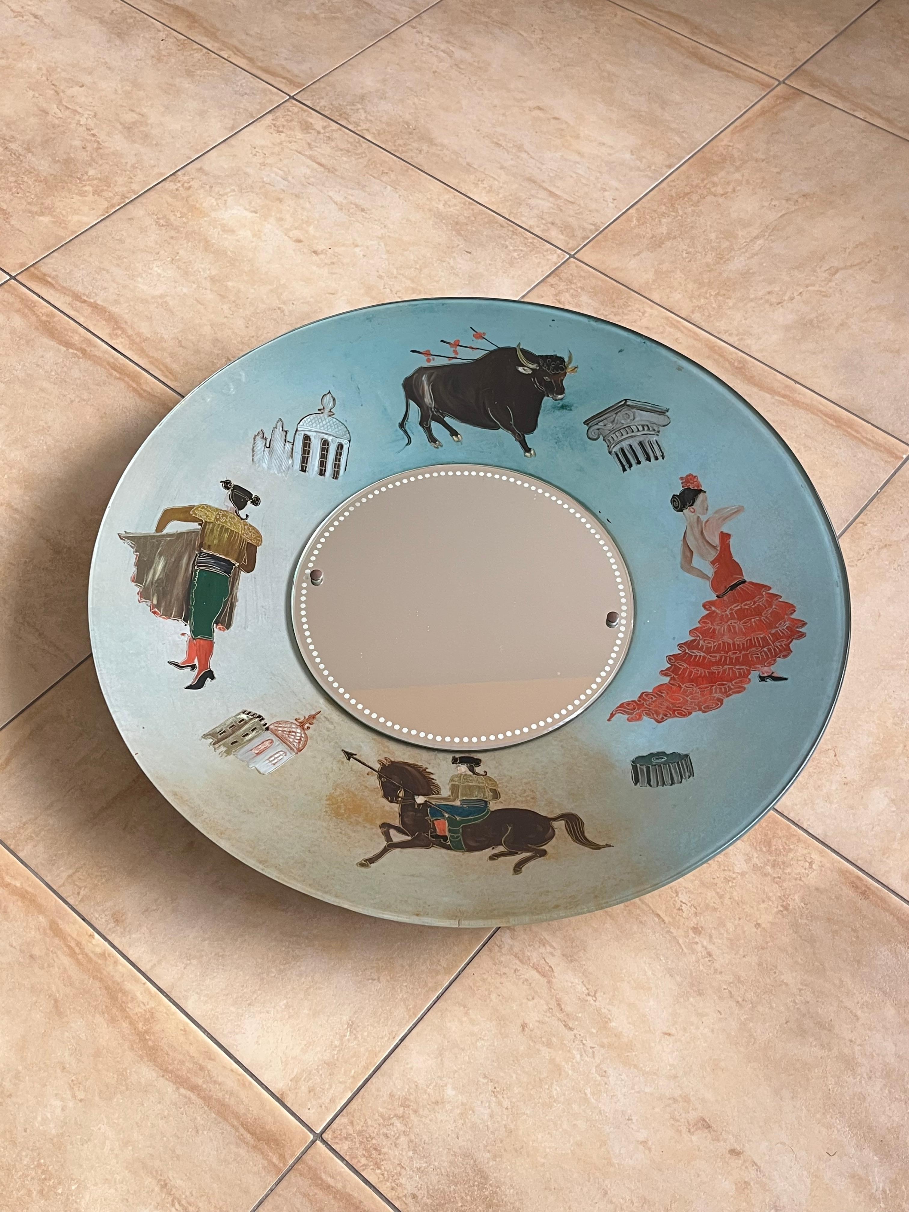 Large Spanish Mid-century Hand-painted Glass Wall Mirror, 1950s For Sale 5