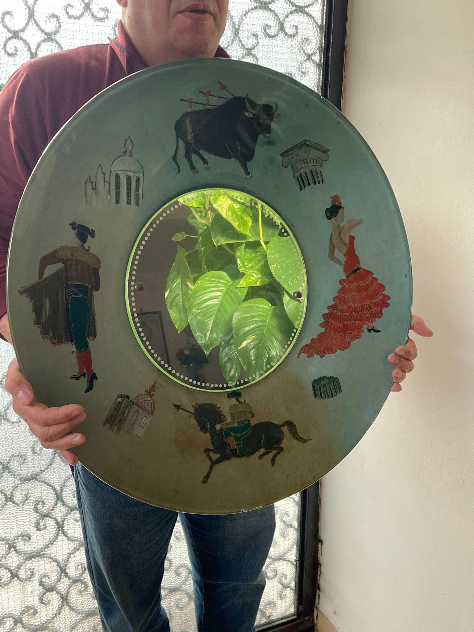 Large Spanish Mid-century Hand-painted Glass Wall Mirror, 1950s For Sale 7