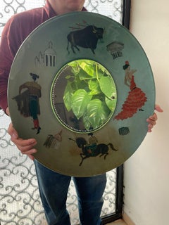 Large Spanish Mid-century Hand-painted Glass Wall Mirror, 1950s