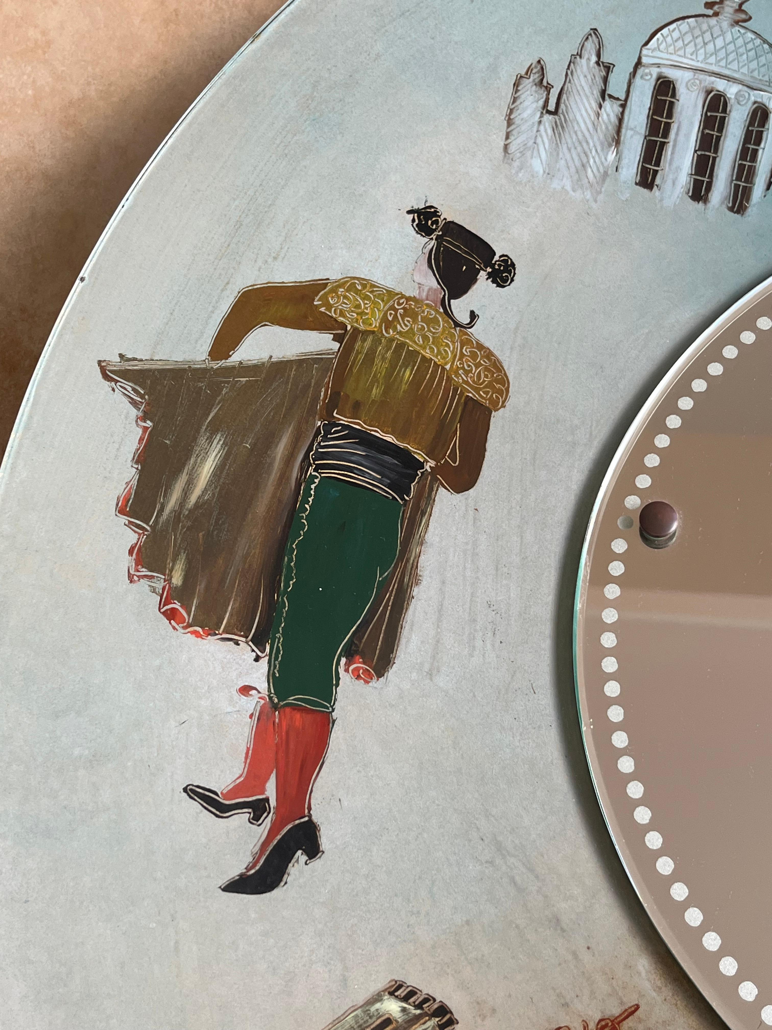 Brass Large Spanish Mid-century Hand-painted Glass Wall Mirror, 1950s For Sale