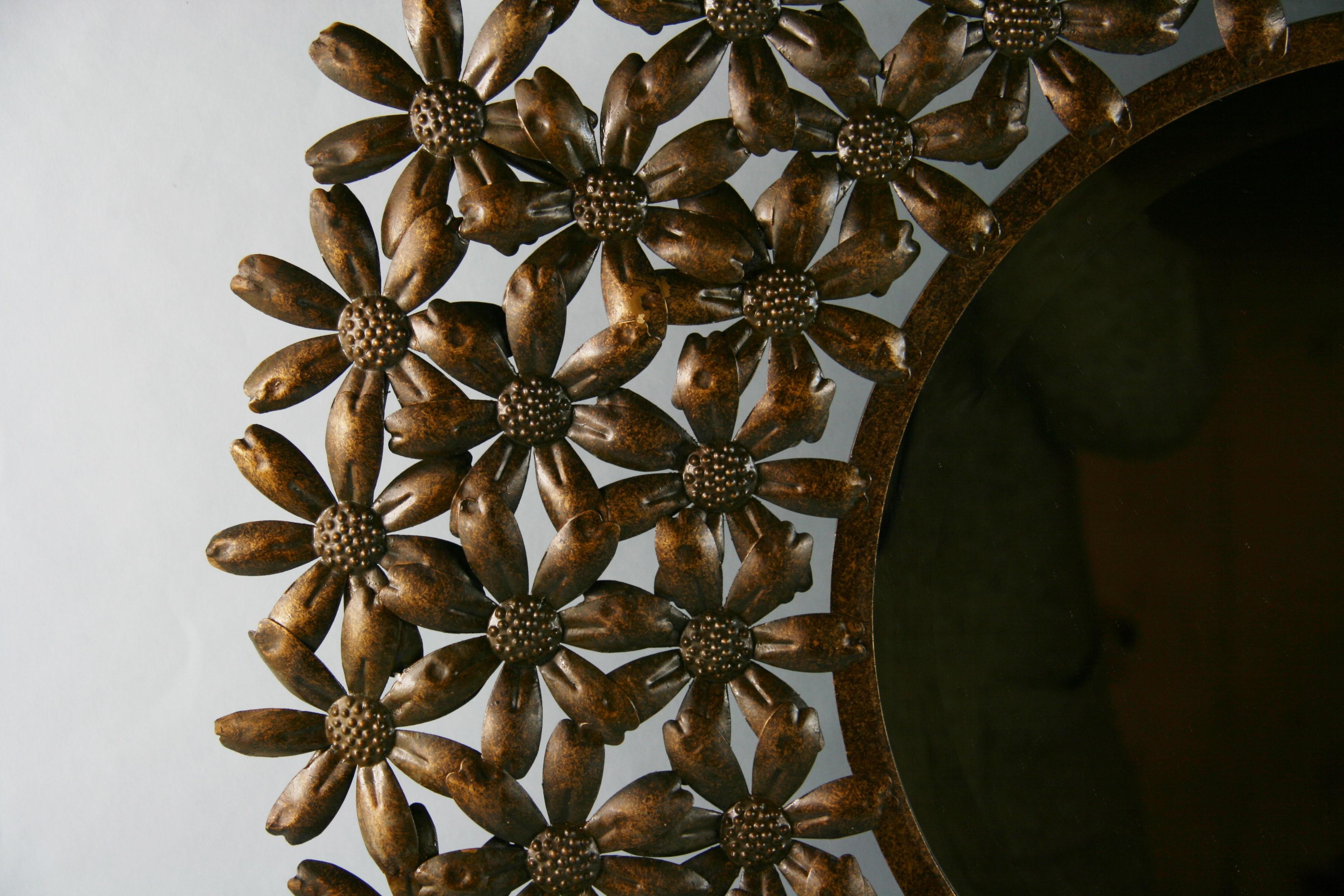 Large Spanish Mid Century Metal Flower Beveled Glass Mirror/Wall Sculpture For Sale 3