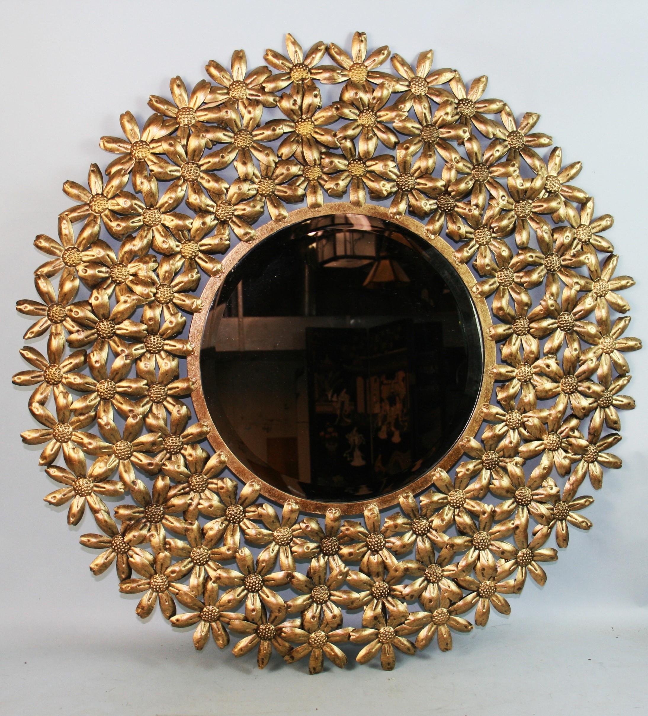 3-785 grand verre biseauté  miroir fleurs en métal doré