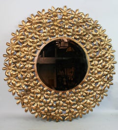 Large Spanish Mid Century Gilt Metal Flower Beveled Glass Mirror/Wall Sculpture