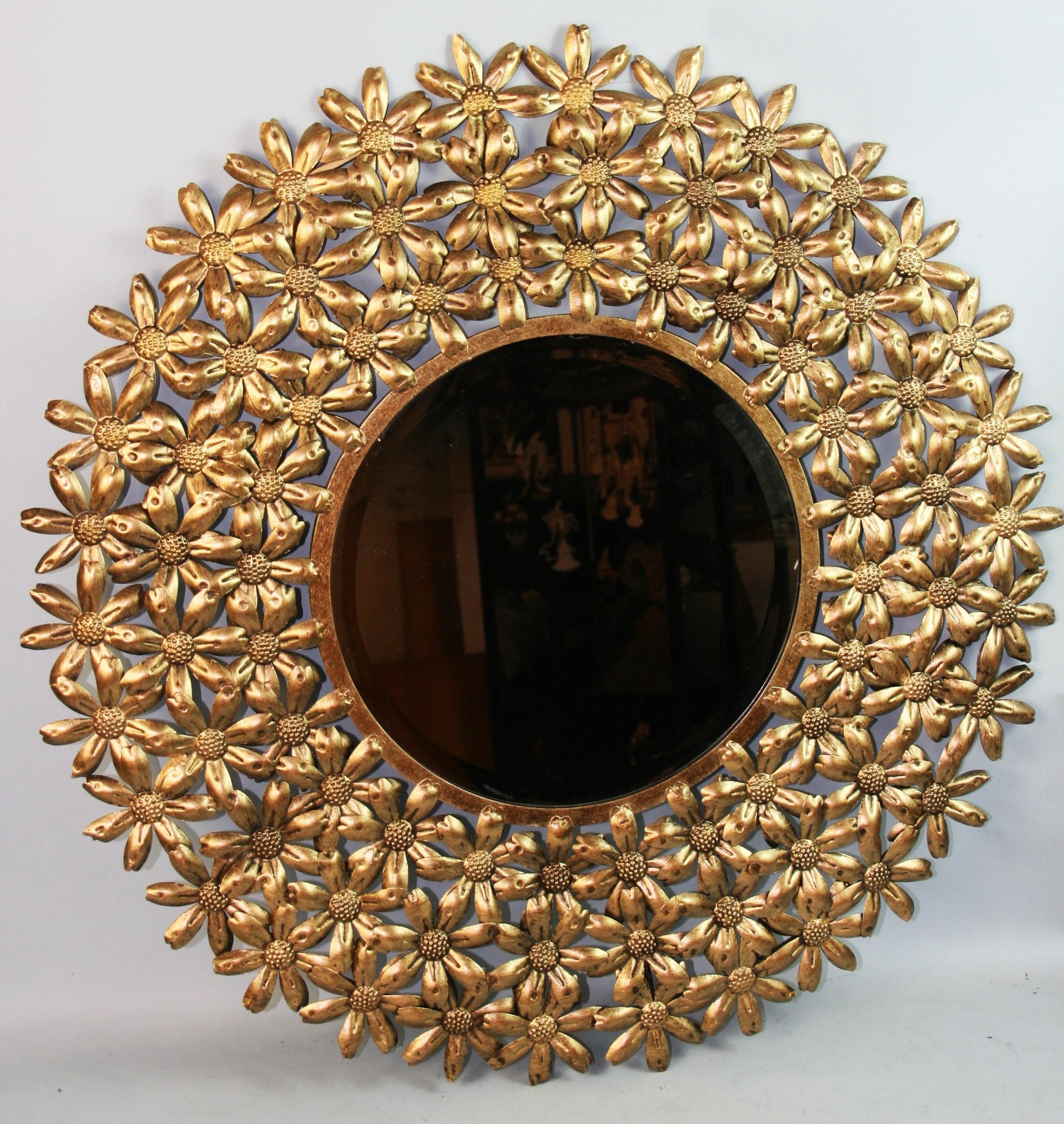 European Large Spanish Mid Century Gilt Metal Flower Beveled Glass Mirror/Wall Sculpture For Sale