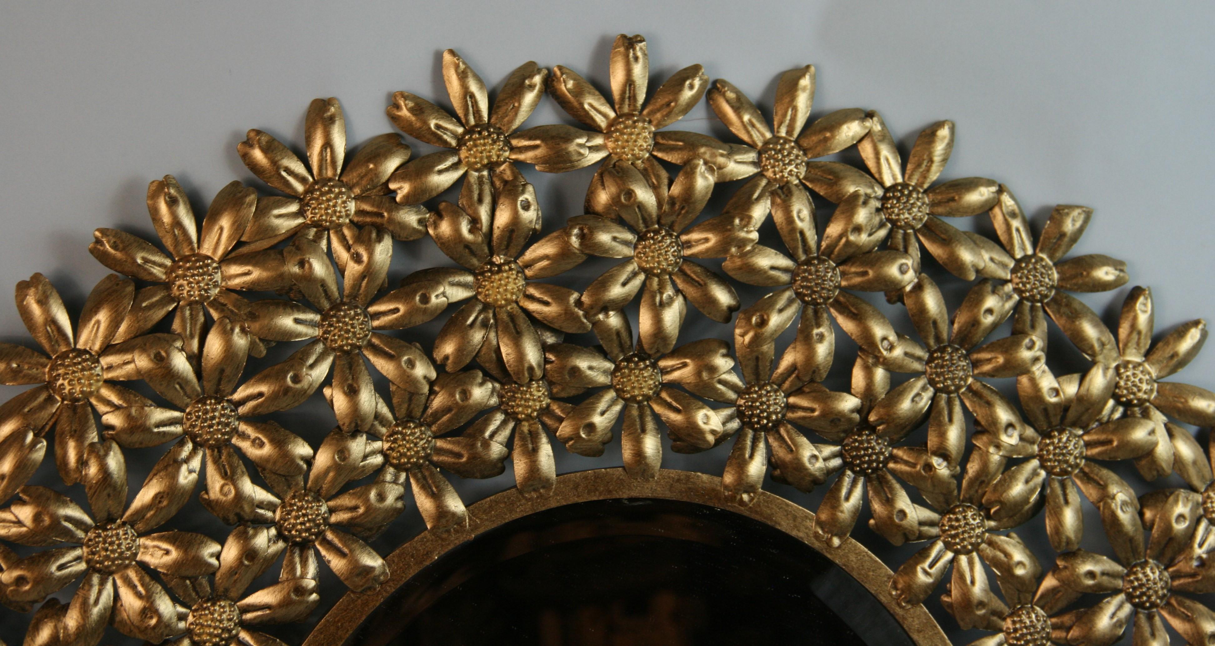 Large Spanish Mid Century Gilt Metal Flower Beveled Glass Mirror/Wall Sculpture In Good Condition For Sale In Douglas Manor, NY