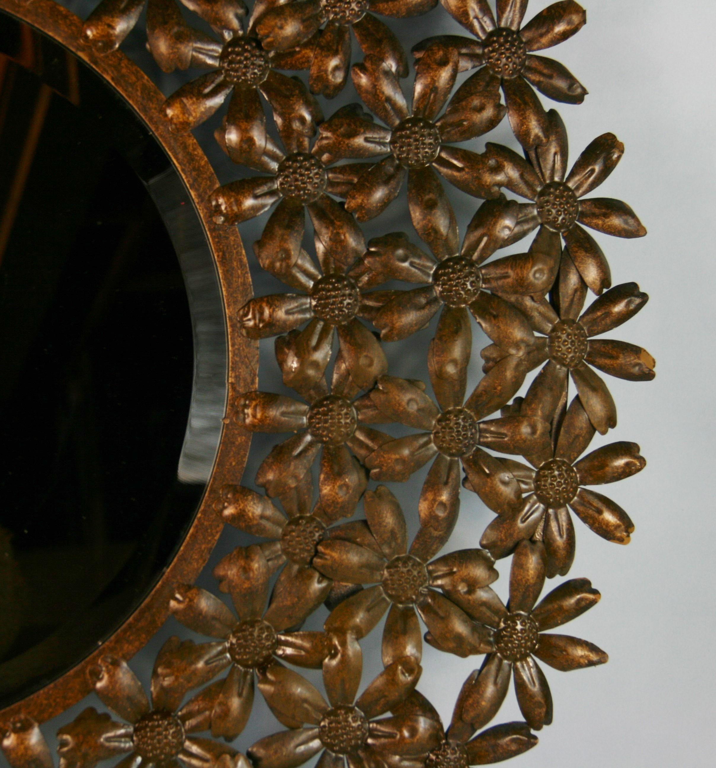 European Large Spanish Mid Century Metal Flower Beveled Glass Mirror/Wall Sculpture For Sale