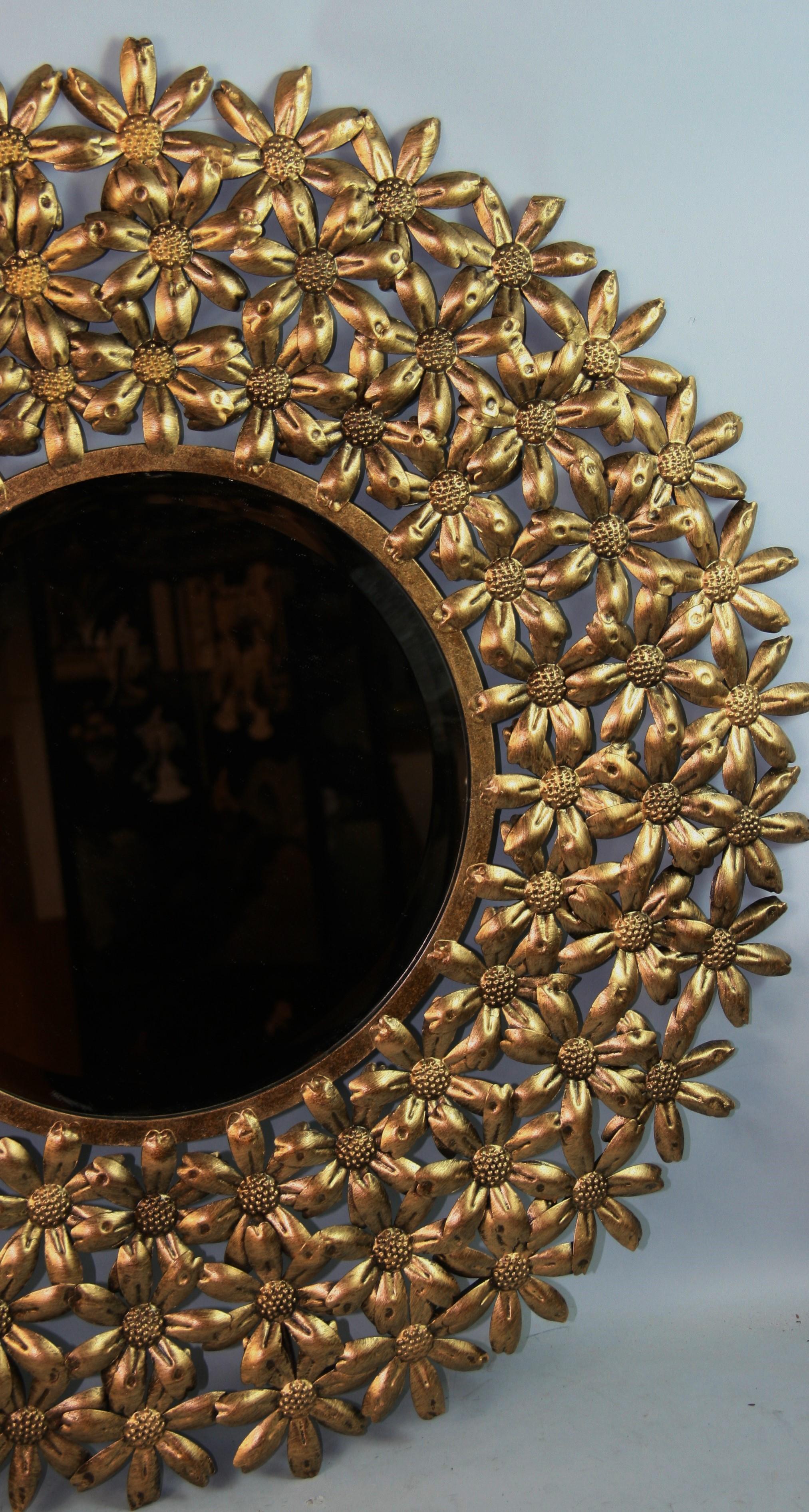 Late 20th Century Large Spanish Mid Century Gilt Metal Flower Beveled Glass Mirror/Wall Sculpture For Sale