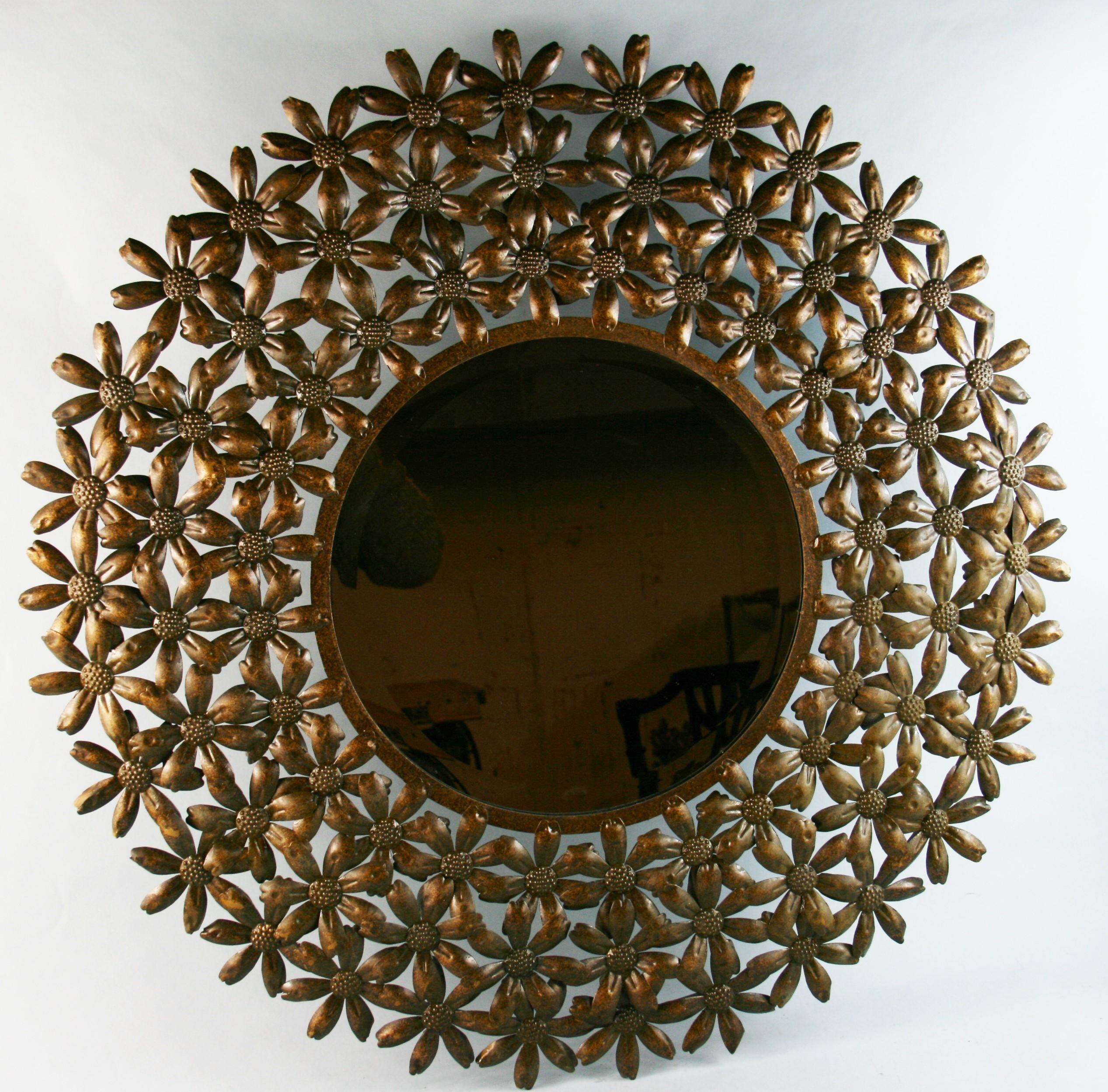 Large Spanish Mid Century Metal Flower Beveled Glass Mirror/Wall Sculpture For Sale 1