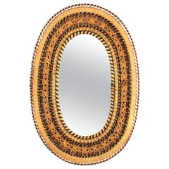 Vintage Large Spanish Mid-Century Modern Handcrafted Woven Wicker and Rattan Oval Mirror