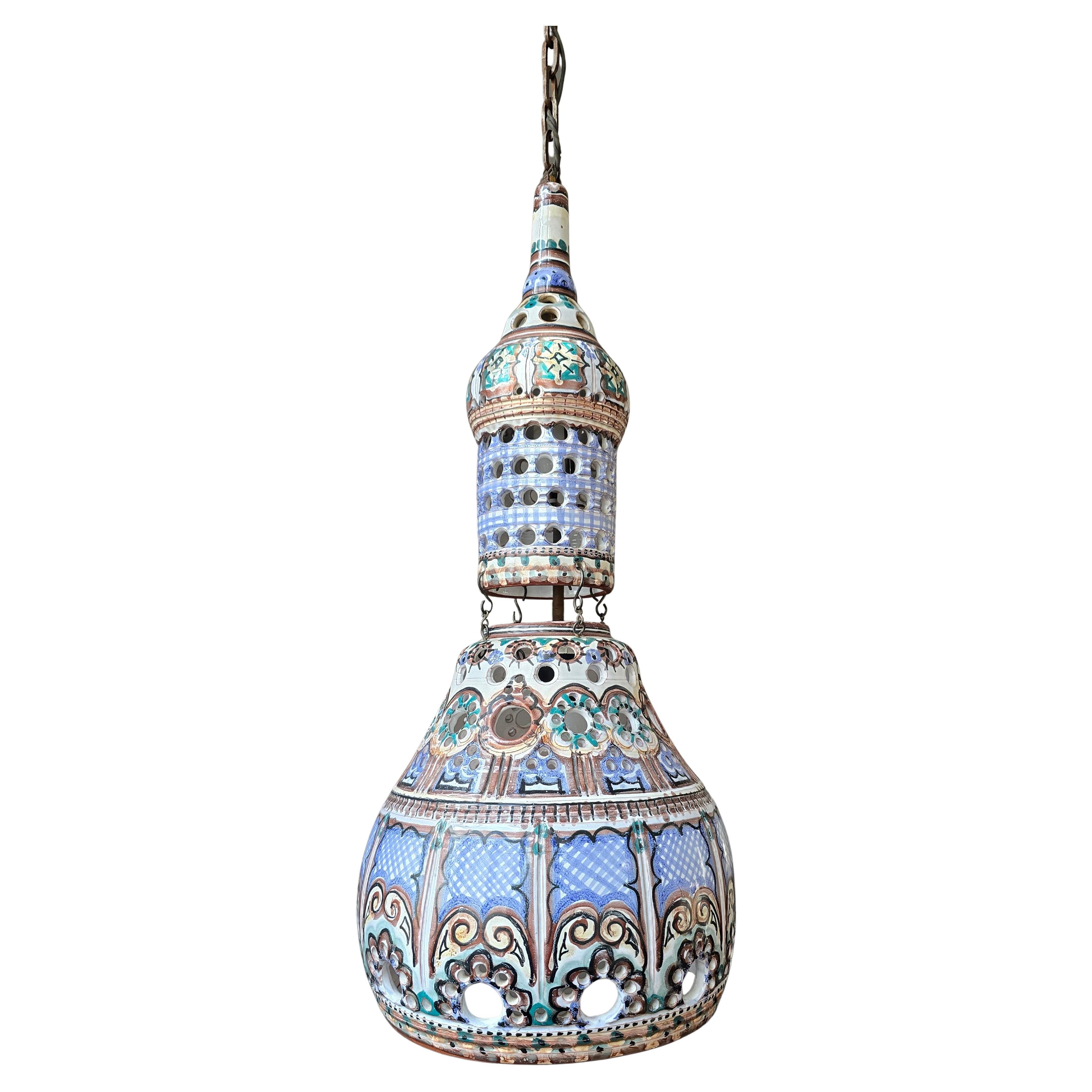 Large Spanish Moorish Style Pierced Ceramic Pendant Lamp, circa 1960