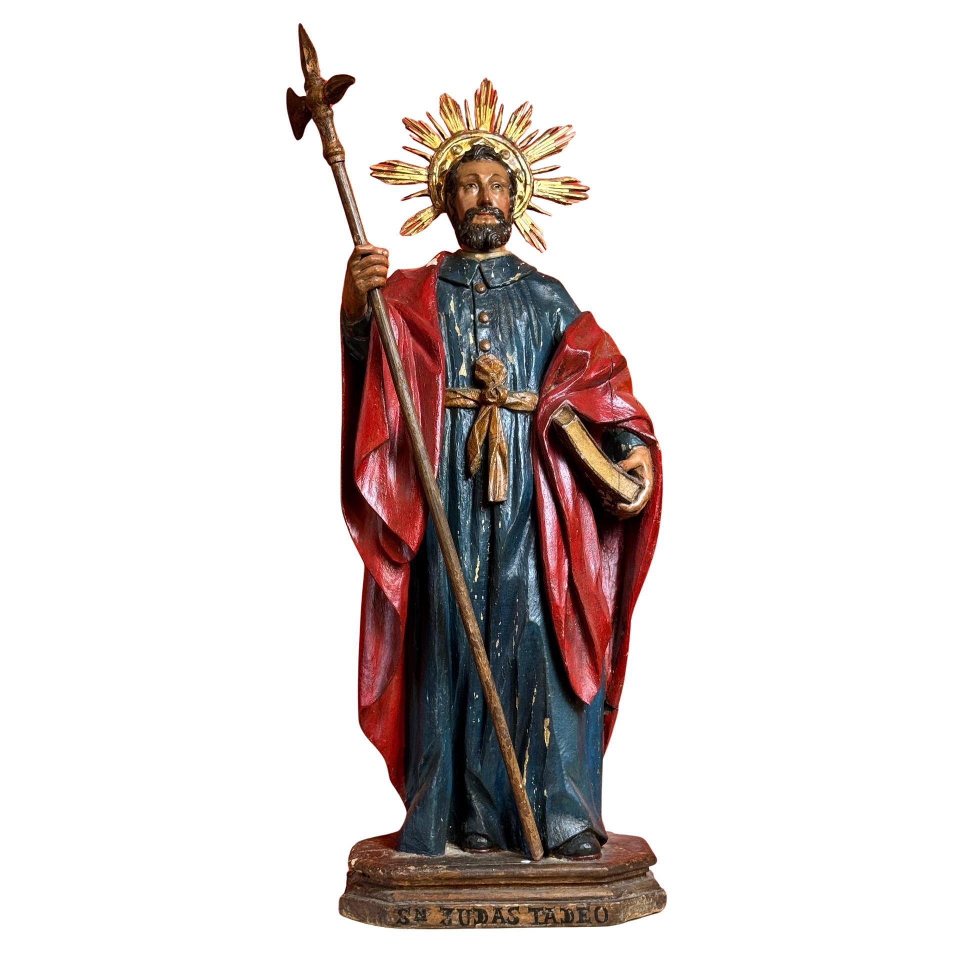 Grande scultura spagnola in legno policromo di San Giuda Taddeo, XVIII secolo
