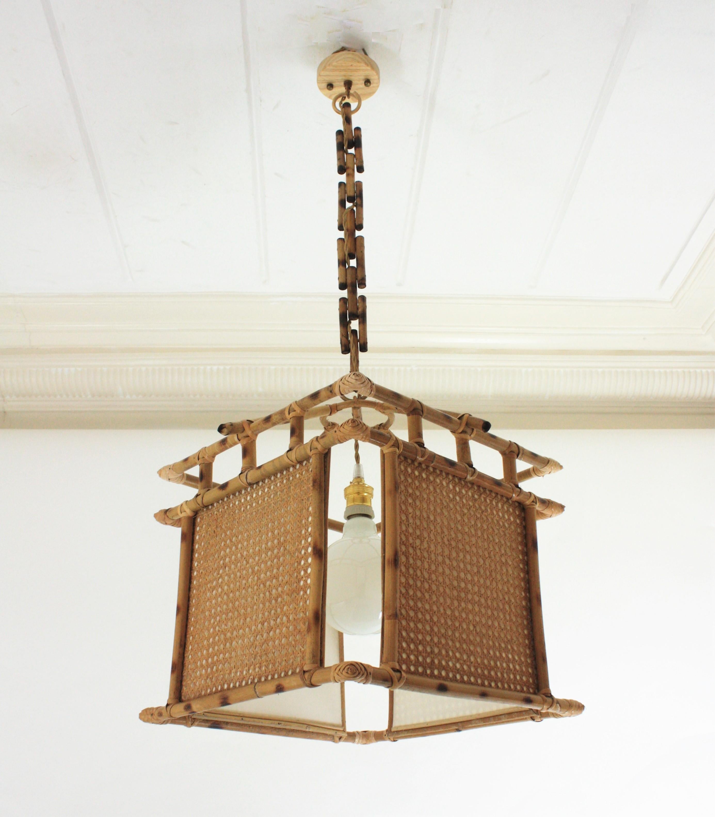 Large Spanish Rattan Wicker Wire Pendant Lantern Chinoiserie Inspired, 1960s For Sale 6