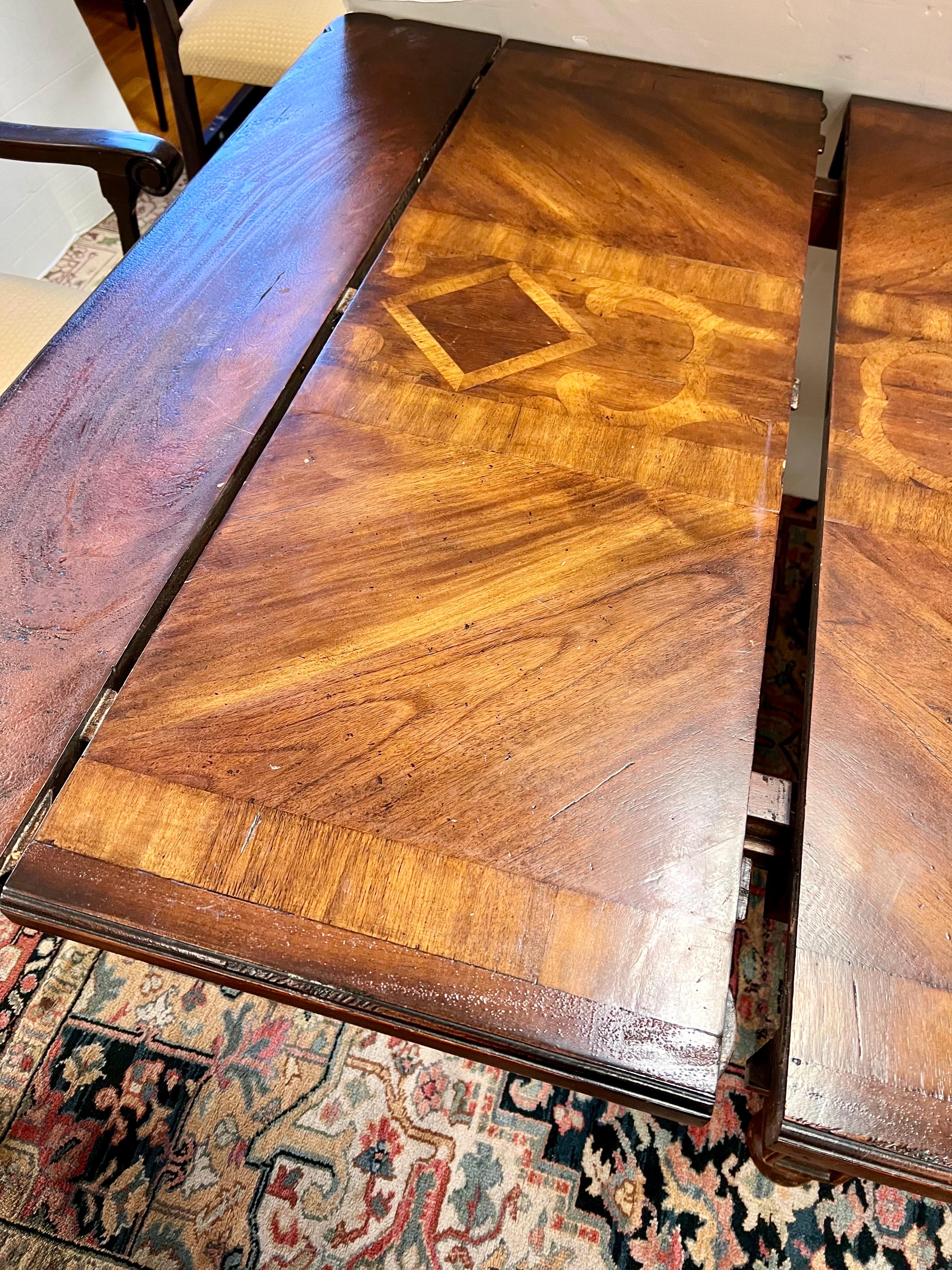 Large Spanish Revival Marquetry Dining Set Table with 10 Chairs ABC Carpet In Good Condition In West Hartford, CT