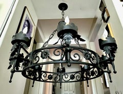 Large Spanish Revival Metal Forged Black Chandelier