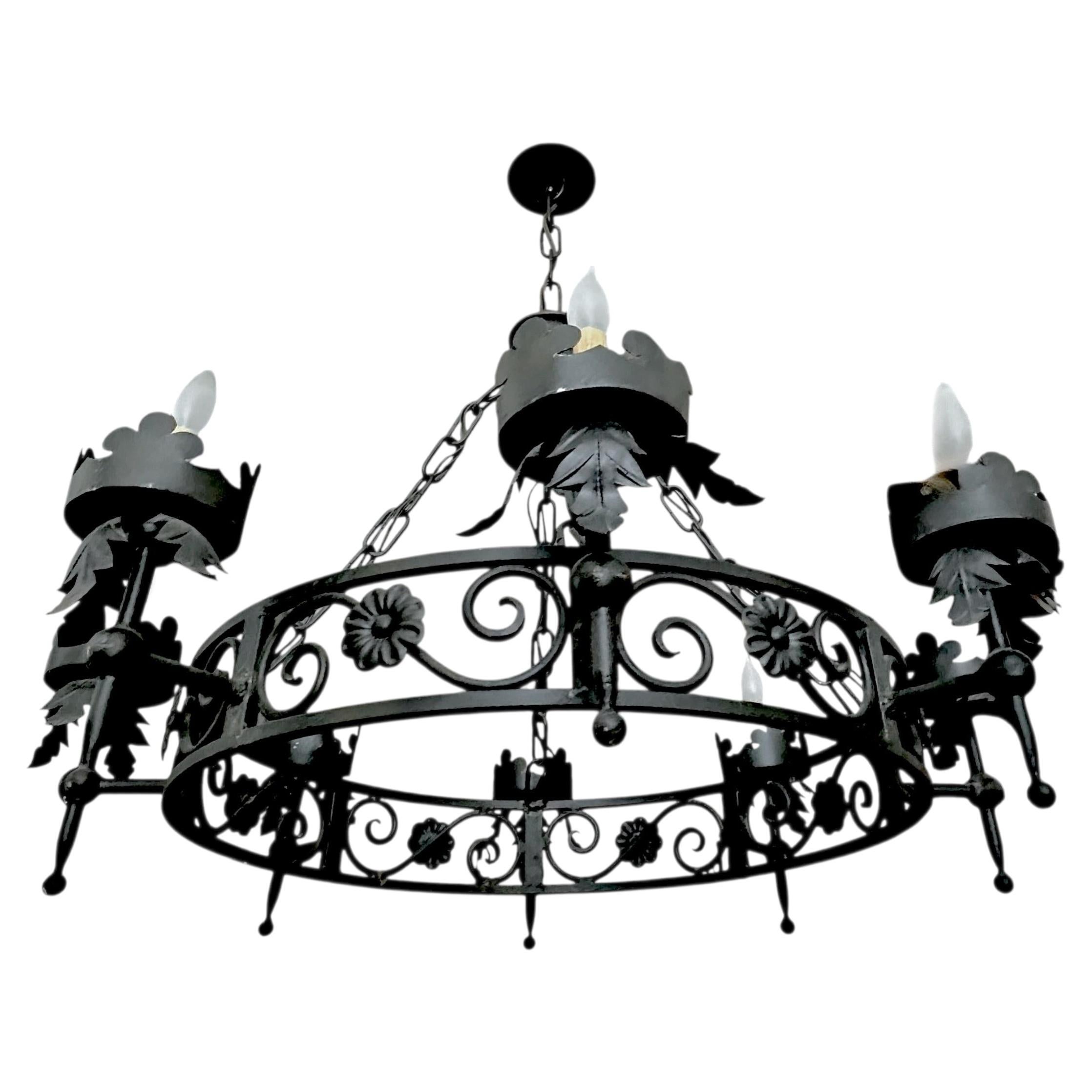 Large Spanish Revival Metal Forged Black Chandelier