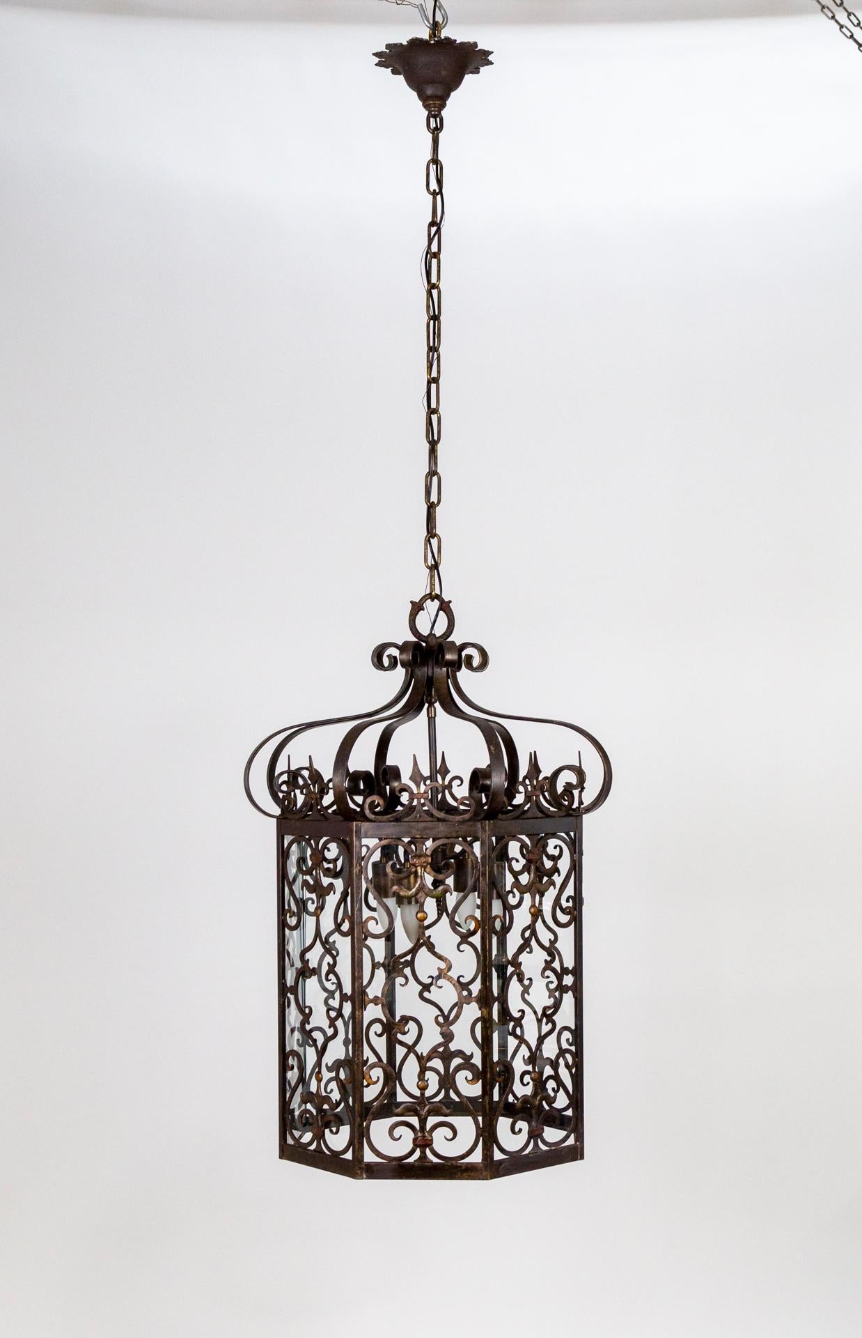 Large Spanish Revival Octagonal Iron Scroll Lantern 5