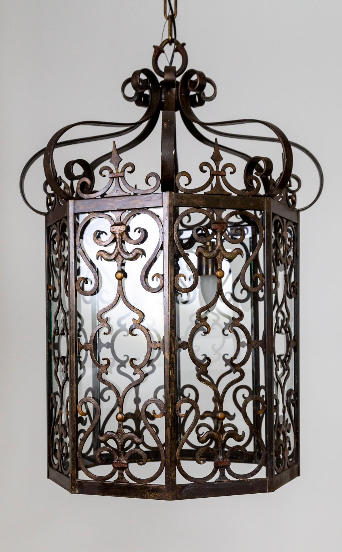 Large Spanish Revival Octagonal Iron Scroll Lantern 7
