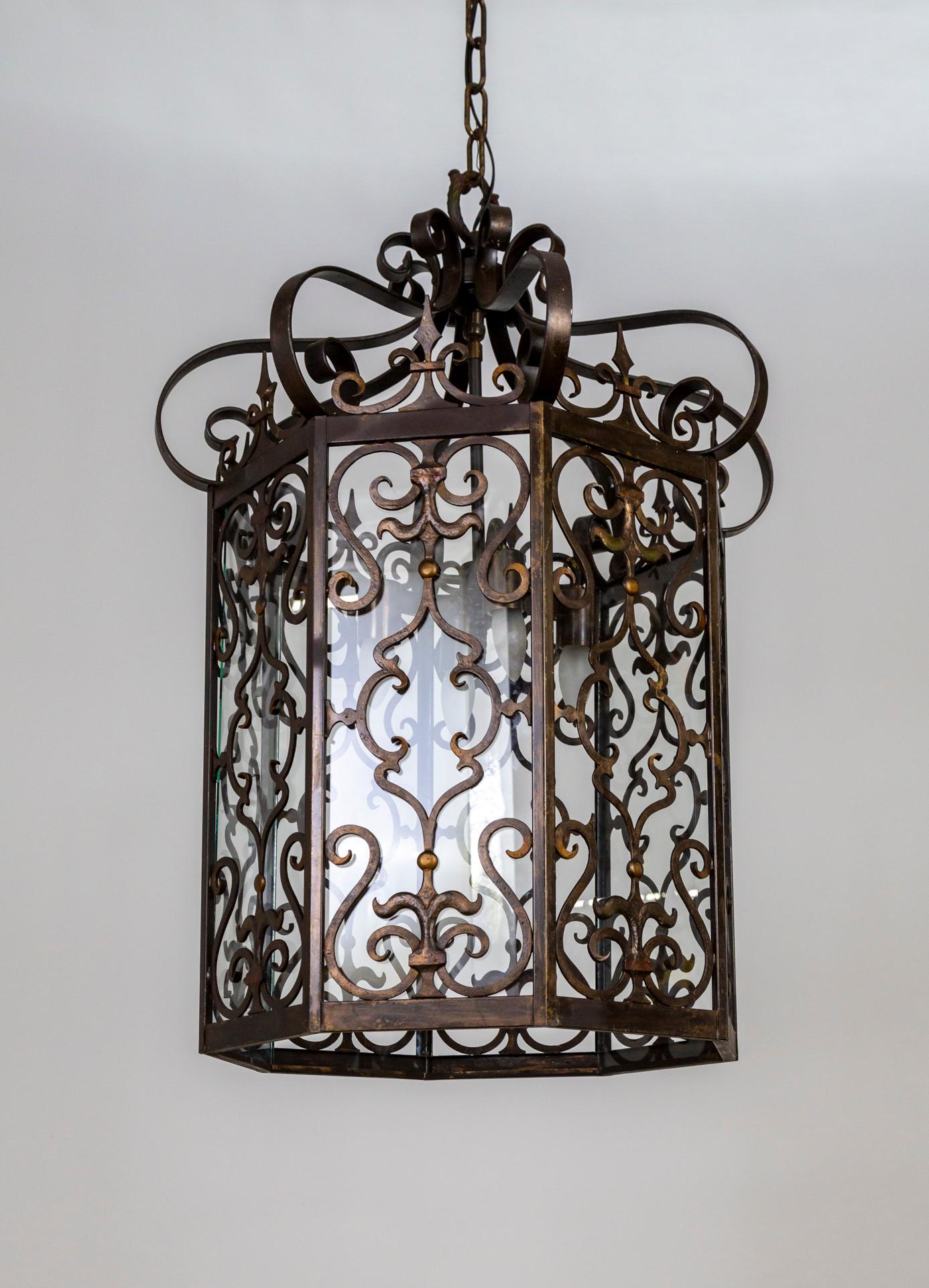 Renaissance Revival Large Spanish Revival Octagonal Iron Scroll Lantern