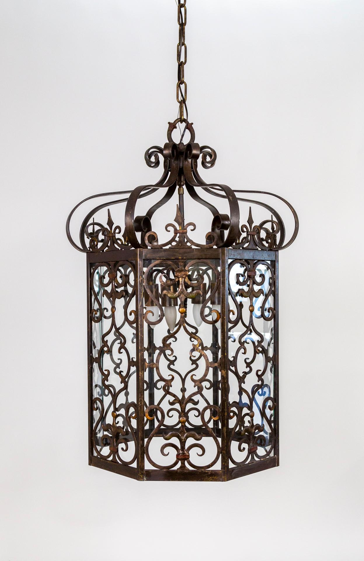 Large Spanish Revival Octagonal Iron Scroll Lantern In Good Condition In San Francisco, CA