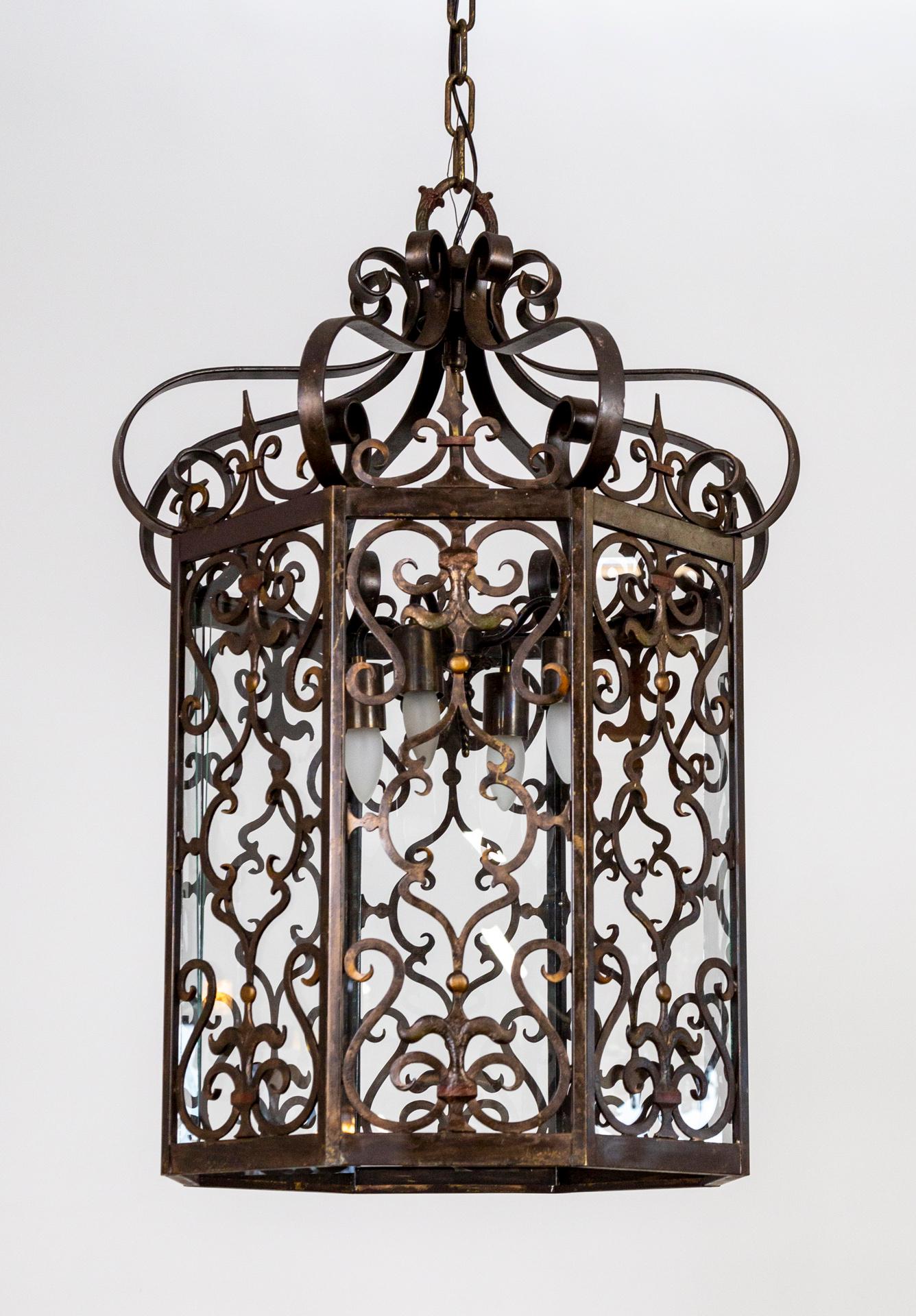 20th Century Large Spanish Revival Octagonal Iron Scroll Lantern