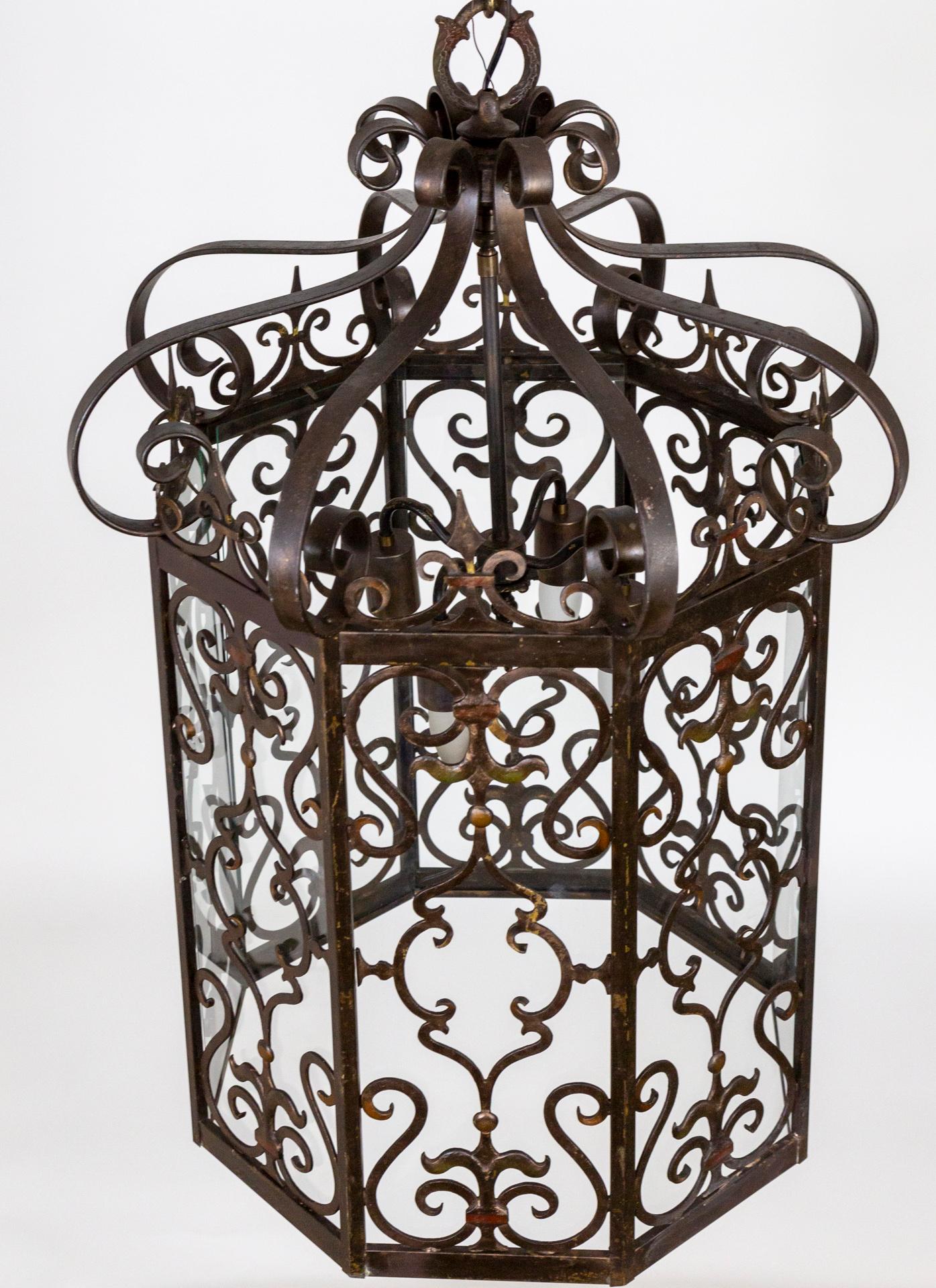 Metal Large Spanish Revival Octagonal Iron Scroll Lantern