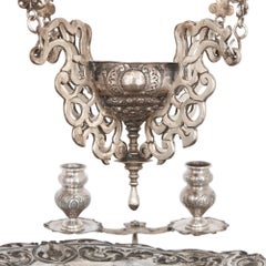 Large Spanish Solid Silver Chandelier Decorated in Baroque Manner