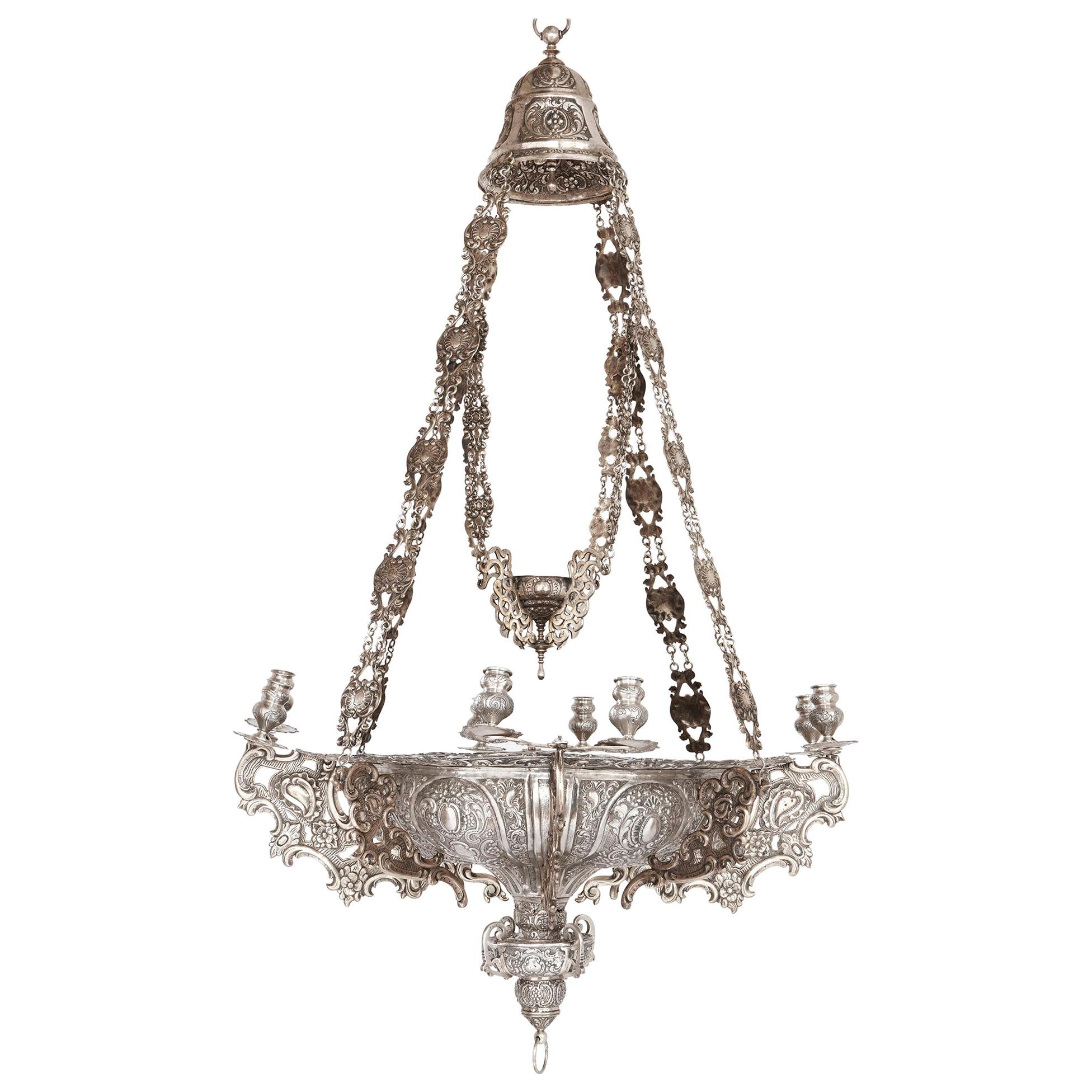 Large Spanish Solid Silver Chandelier Decorated in Baroque Manner