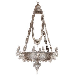 Large Spanish Solid Silver Chandelier Decorated in Baroque Manner