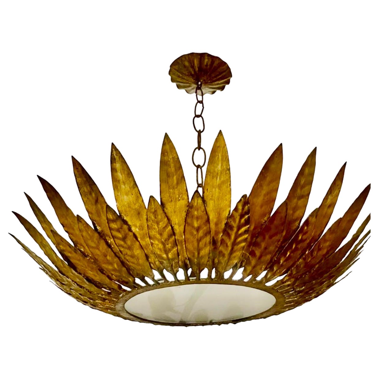 Large Spanish Sunburst fixture in Gilt Metal with support, circa 1950